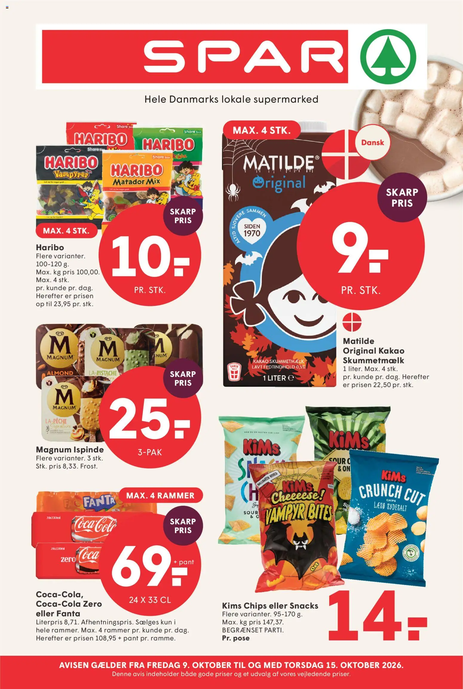 Eksempel på tilbudsavis Spar - Tilbudsavis uge 41 fra butik Spar gyldig fra 09/10/2026 - Chips, Snacks, Rammer, Kakao, Fanta