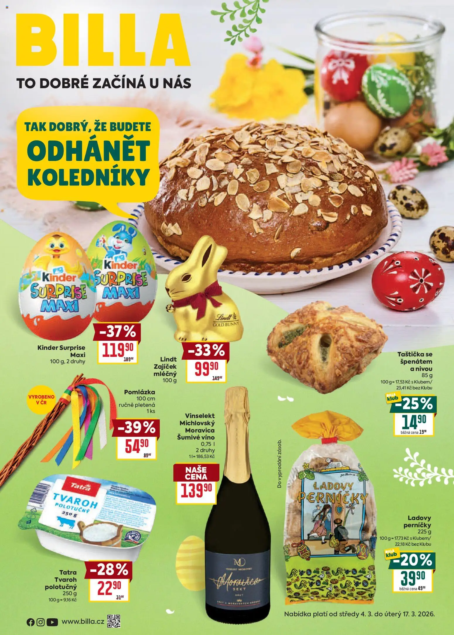 Náhled nabídky: Billa Billa leták - Velikonoce platný od 04.03.2026 - Tvaroh, Víno, Lindt, Kinder, Perníčky, Sekt, Šumivé víno, Ladovy perníčky
