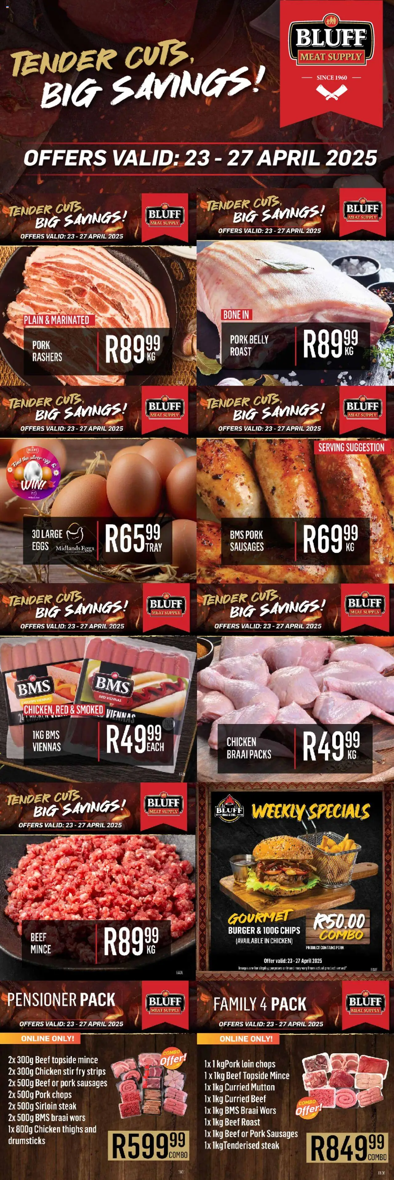 Preview of Bluff Meat Supply flyer valid from 23/04/2025 - Chicken, Eggs, Steak, Chips, Pork belly, Beef, Tray, Beef roast