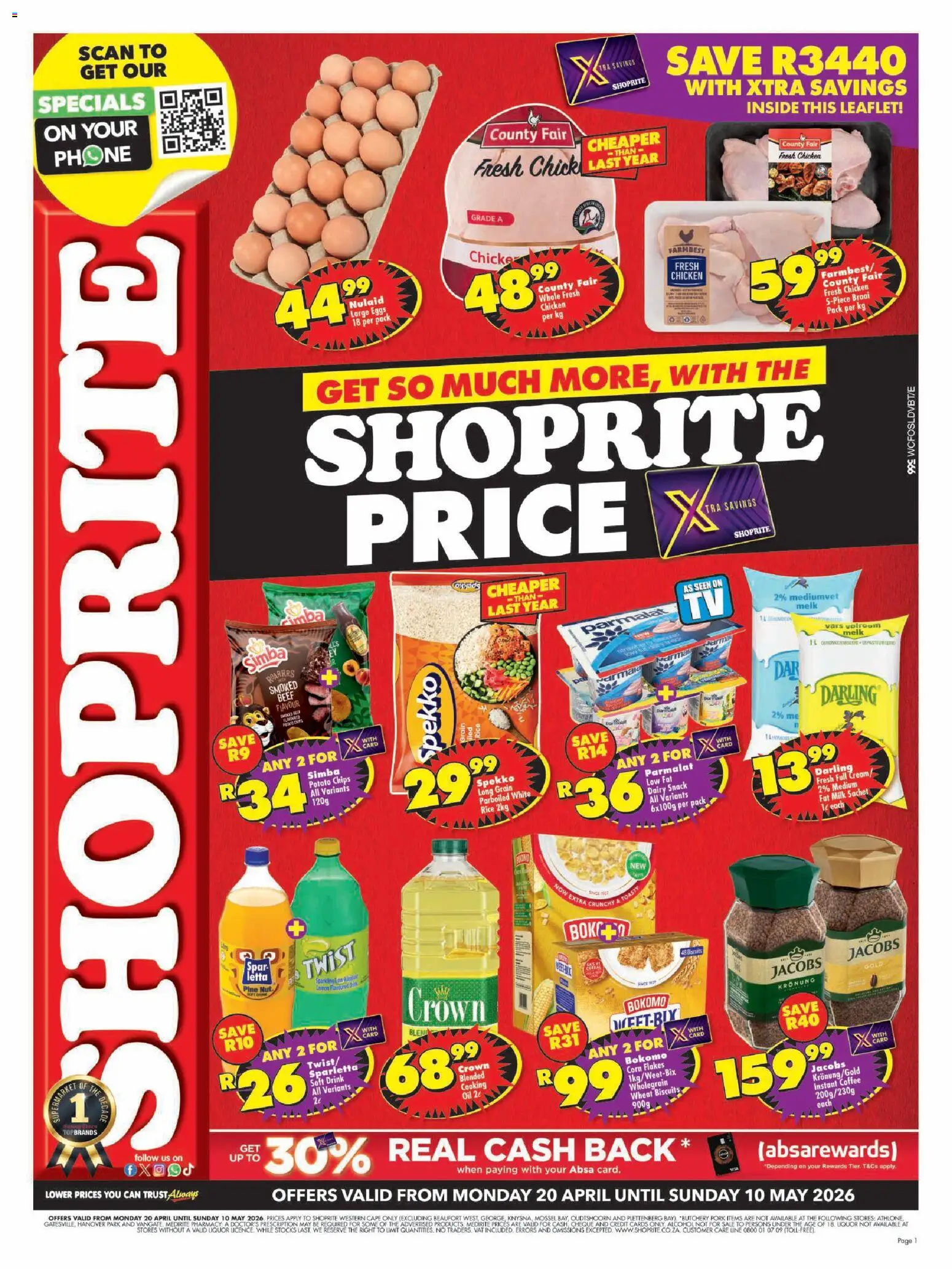 Preview of Shoprite flyer valid from 20/04/2026 - Phone, Breakfast, Alcohol, Chicken, Milk, Oil, Biscuits, Beef