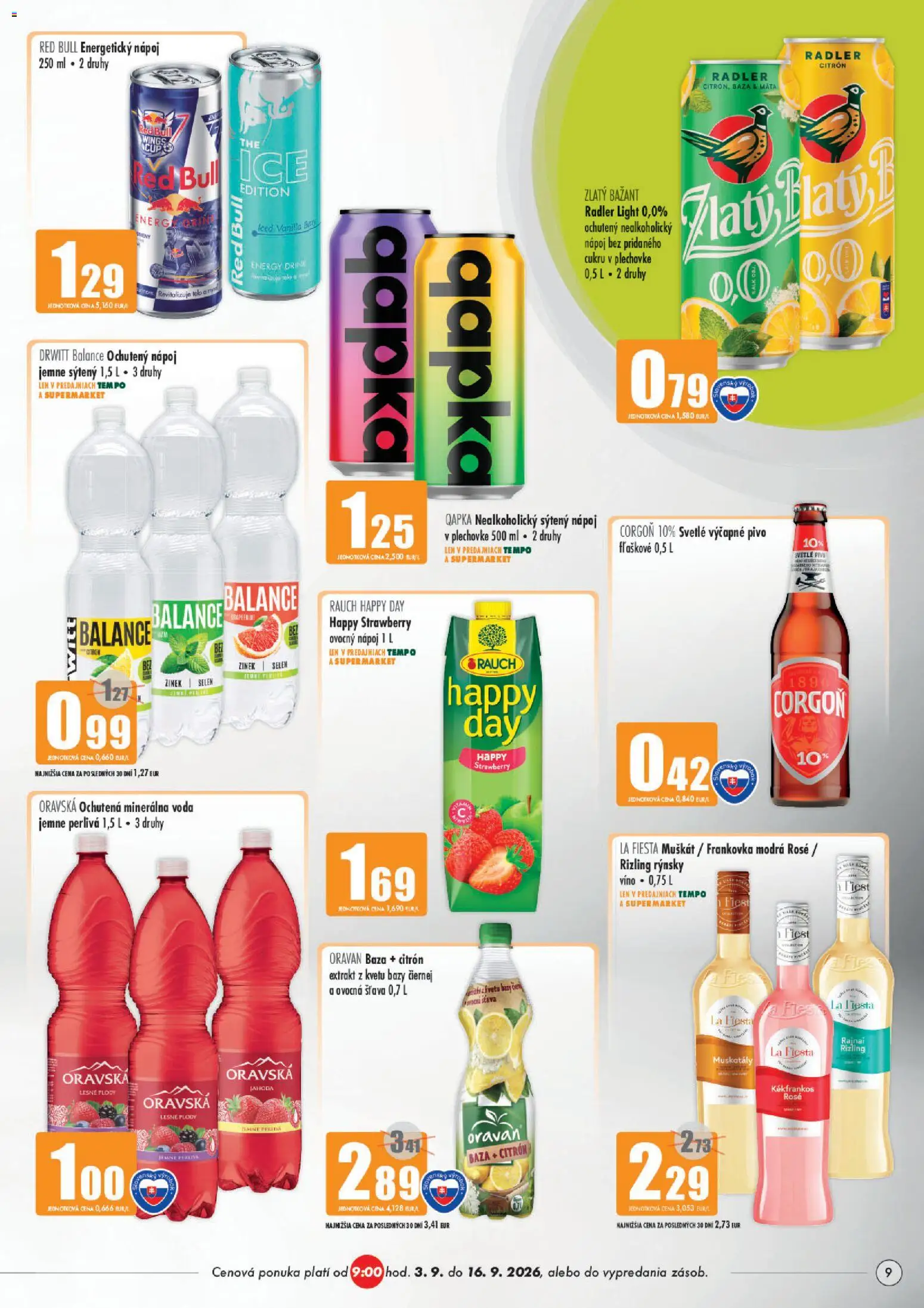 Náhľad COOP Jednota letáku platného od 03.09.2026 - Voda, Pivo, Red Bull, Radler, Zlatý Bažant, Corgoň, Energetický nápoj, Lesné plody