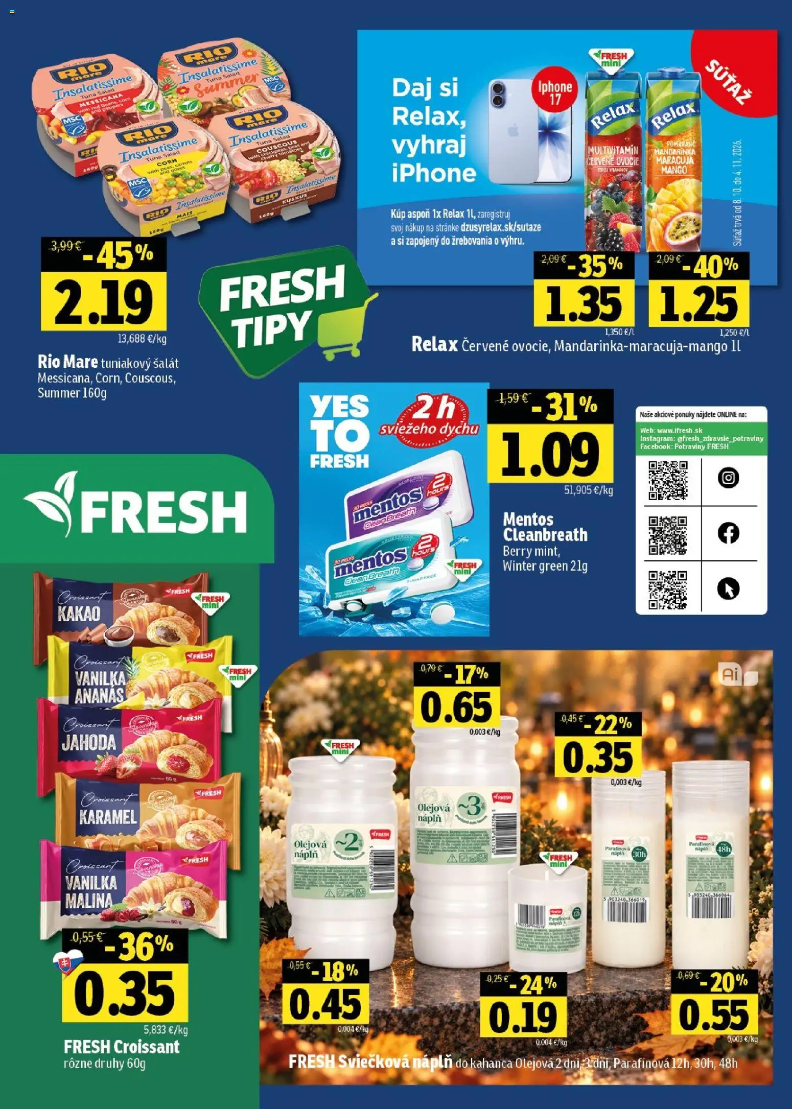 Náhľad Fresh letáku platného od 08.10.2026 - Mango, Croissant, Šalát, Kakao, Tuniakový šalát, Vanilka, Rio Mare, Ananás