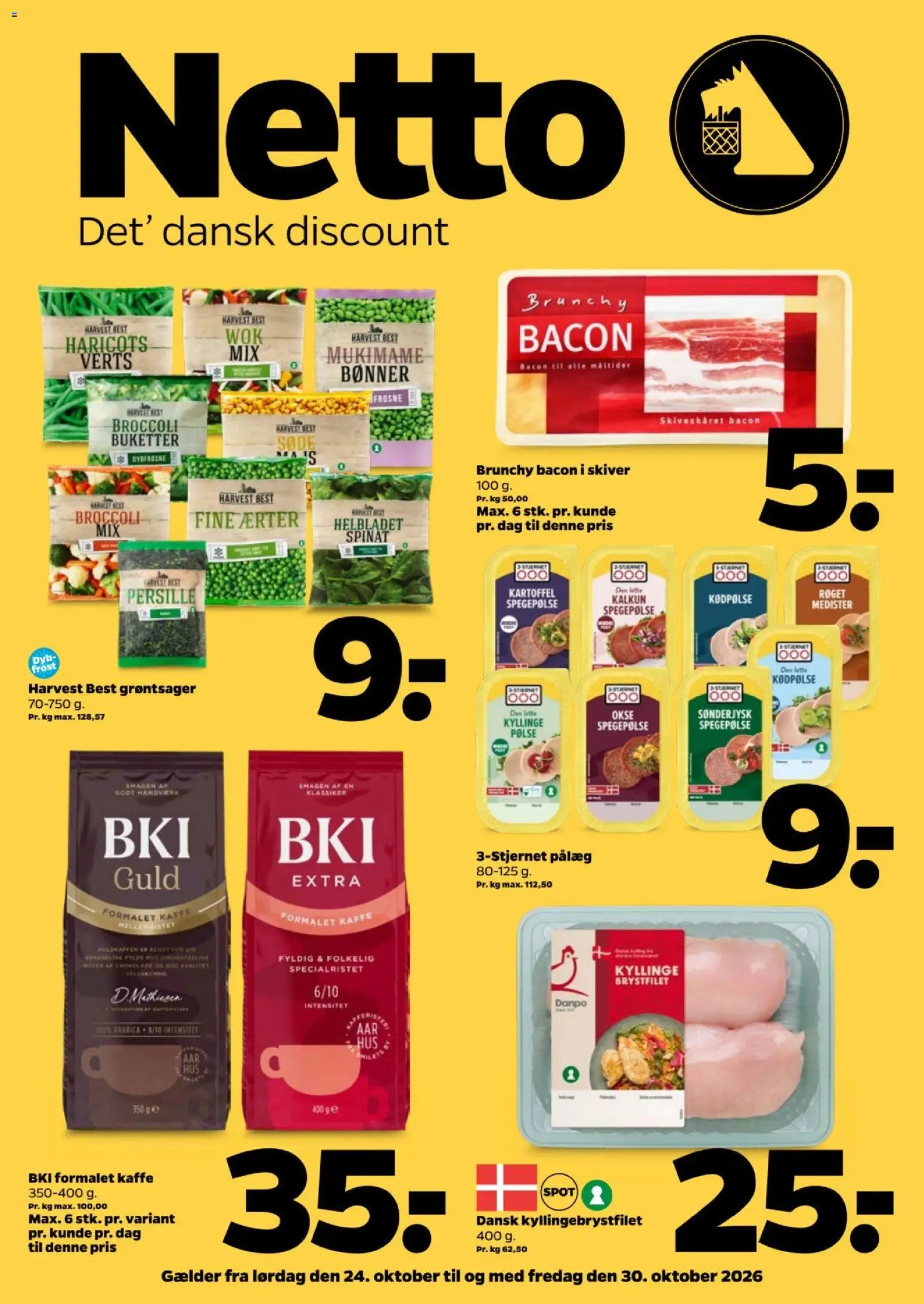 Eksempel på tilbudsavis Netto - Tilbudsavis uge 44 fra butik Netto gyldig fra 24/10/2026 - Kaffe, Broccoli, Pålæg, Kalkun, Bacon, Spinat, Ærter, Spegepølse