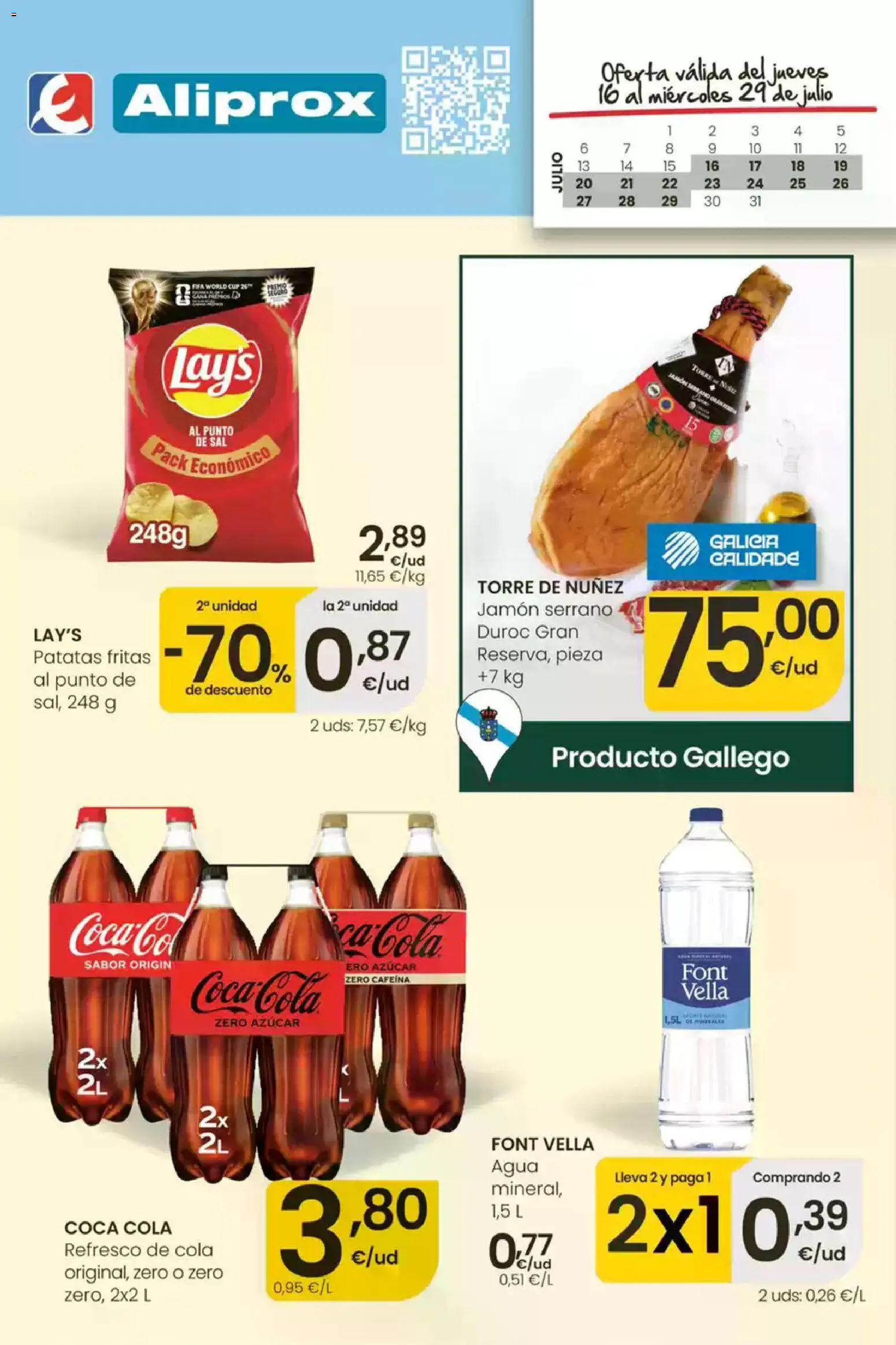 Vista previa del folleto de la tienda Eroski válido desde el 16/07/2026 - Jamón, Agua, Patatas, Azúcar, Jamón serrano, Sal, Patatas fritas
