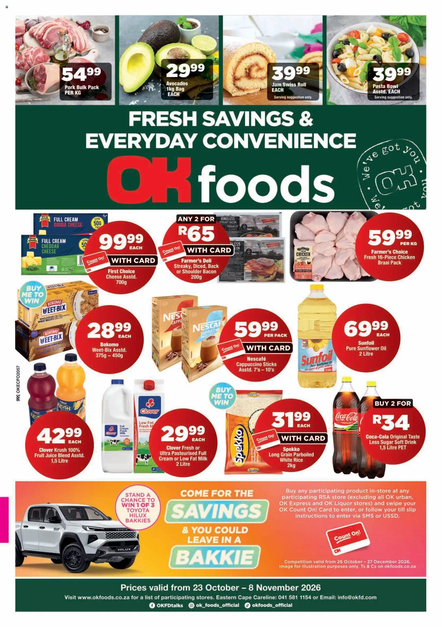 Preview of OK Foods flyer valid from 23/10/2026 - Chicken, Bag, Fruit, Milk, Avocados, Shelf, Pork, Bacon