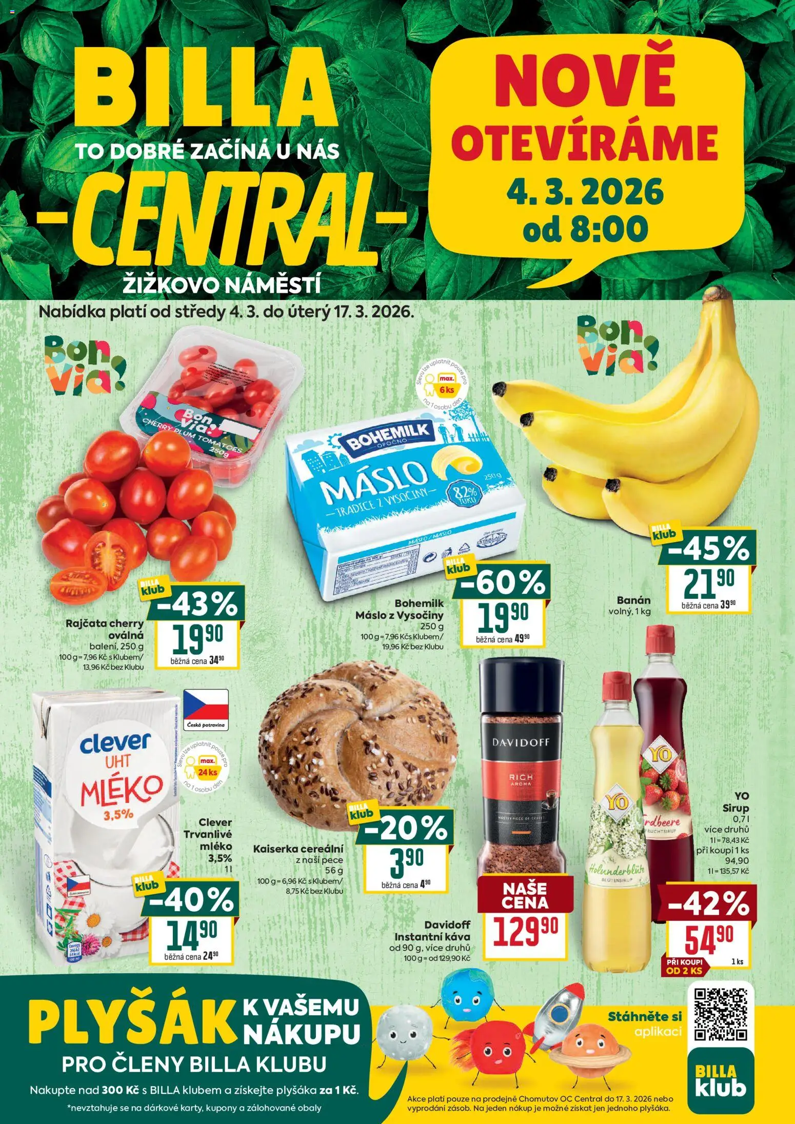 Náhled nabídky: Billa Billa leták - Chomutov platný od 04.03.2026 - Máslo, Mléko, Rajčata, Sirup, Instantní káva, Kaiserka, Clever, Máslo 250 g