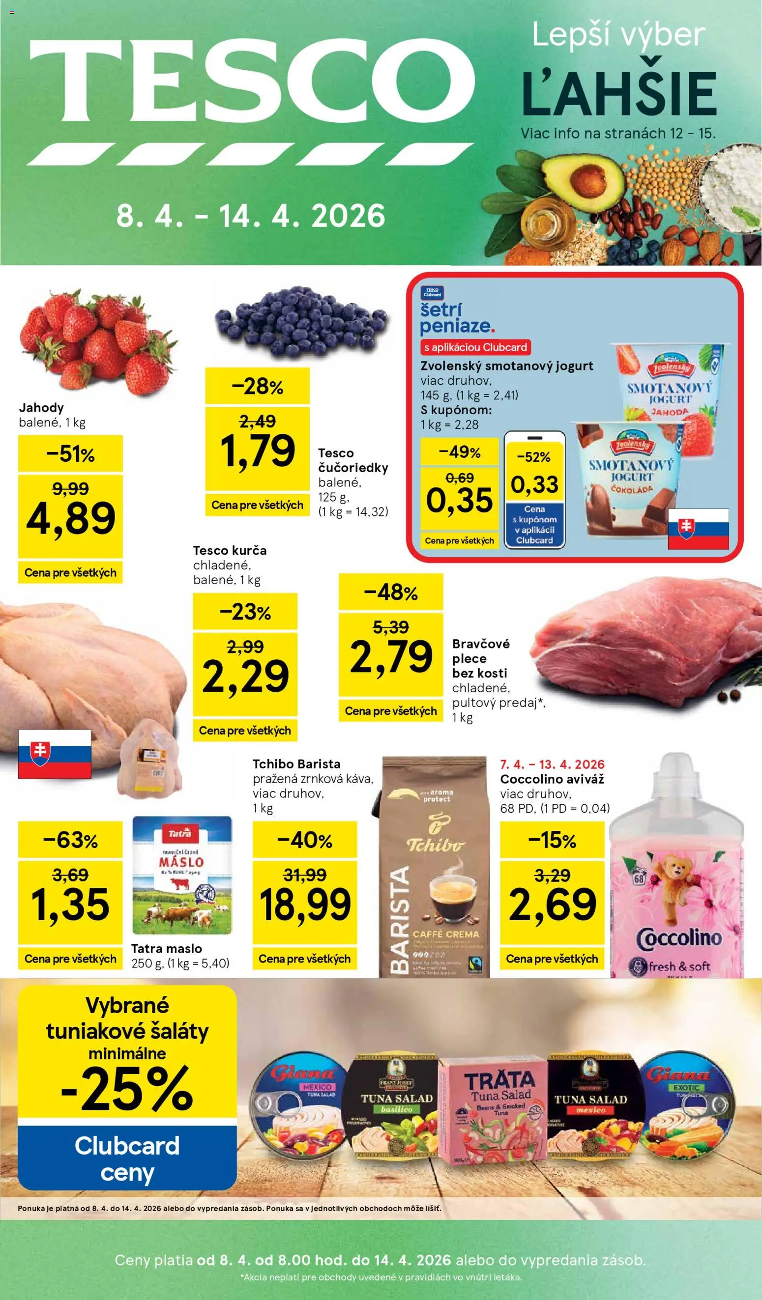 Náhľad Tesco letáku platného od 08.04.2026 - Čučoriedky, Jahody, Jogurt, Barista, Aviváž, Kurča, Bravčové plece, Smotanový jogurt