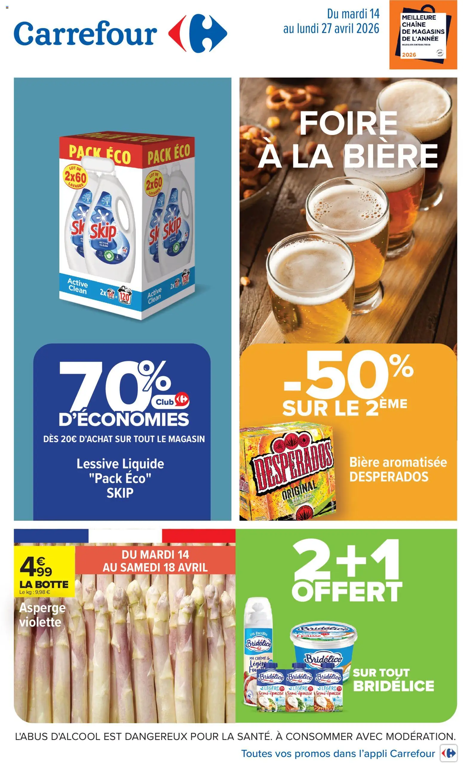 Prévisualisation de Carrefour catalogue du magasin Carrefour formulaire valide 14/04/2026 - Bière, Four, Asperge, Desperados, Crème, Skip, Lessive Liquide, Bière aromatisée