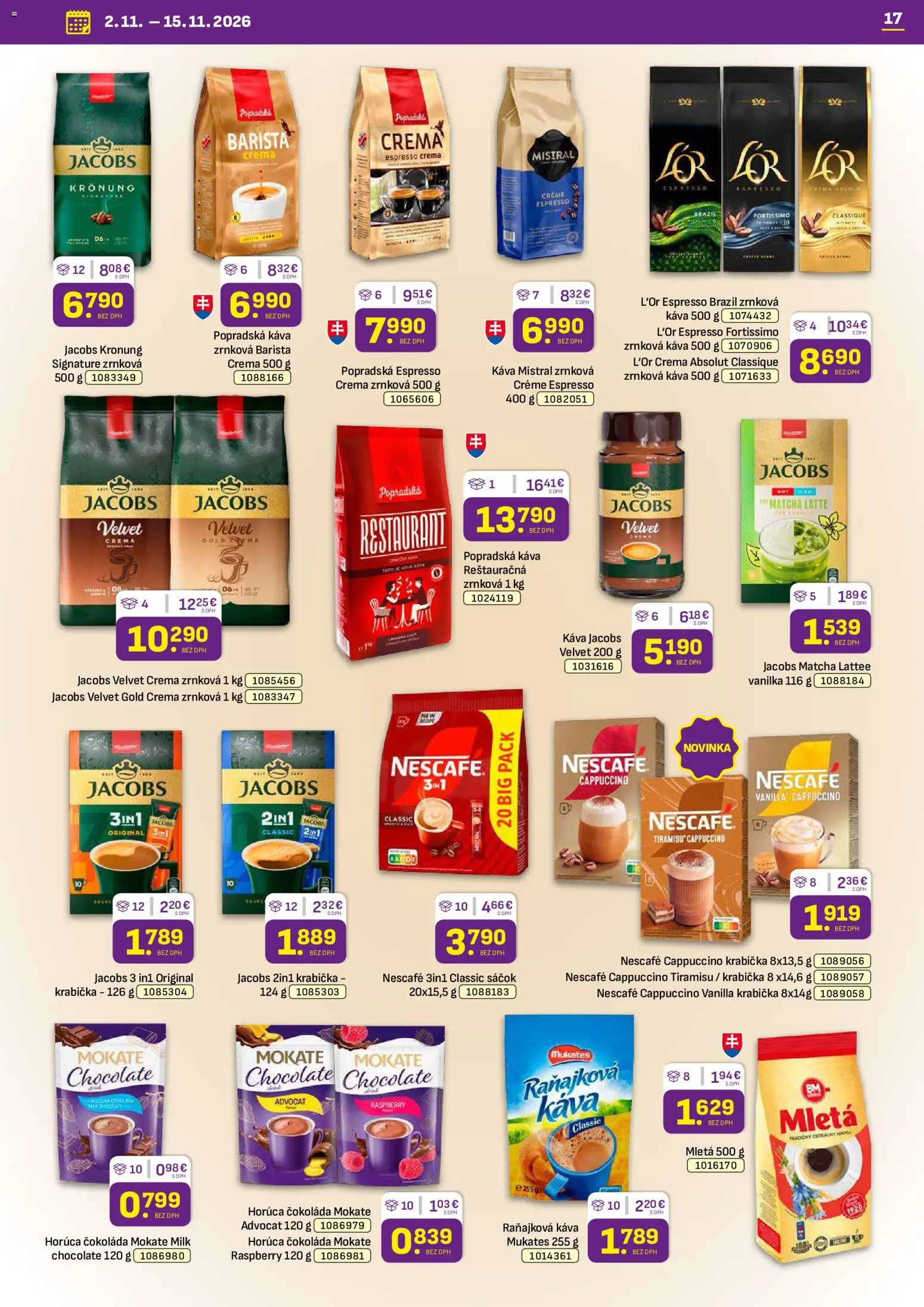 Náhľad Libex letáku platného od 02.11.2026 - Tiramisu, Matcha, Čokoláda, Cappuccino, Vanilka, Jacobs Velvet, Popradská káva, Jacobs Krönung