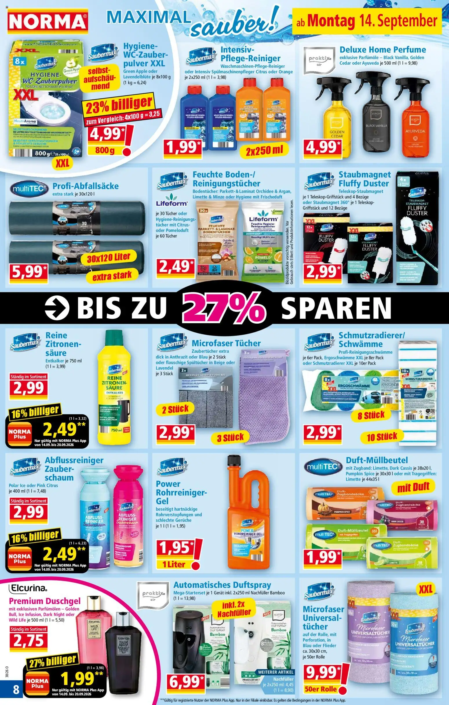 Vorschau von dem Prospekt des Geschäftes Norma, gültig ab dem 14.09.2026 - Apple, Orchidee, Lavendel, Schwämme, Limette, Duft, Duschgel, Reinigungstücher