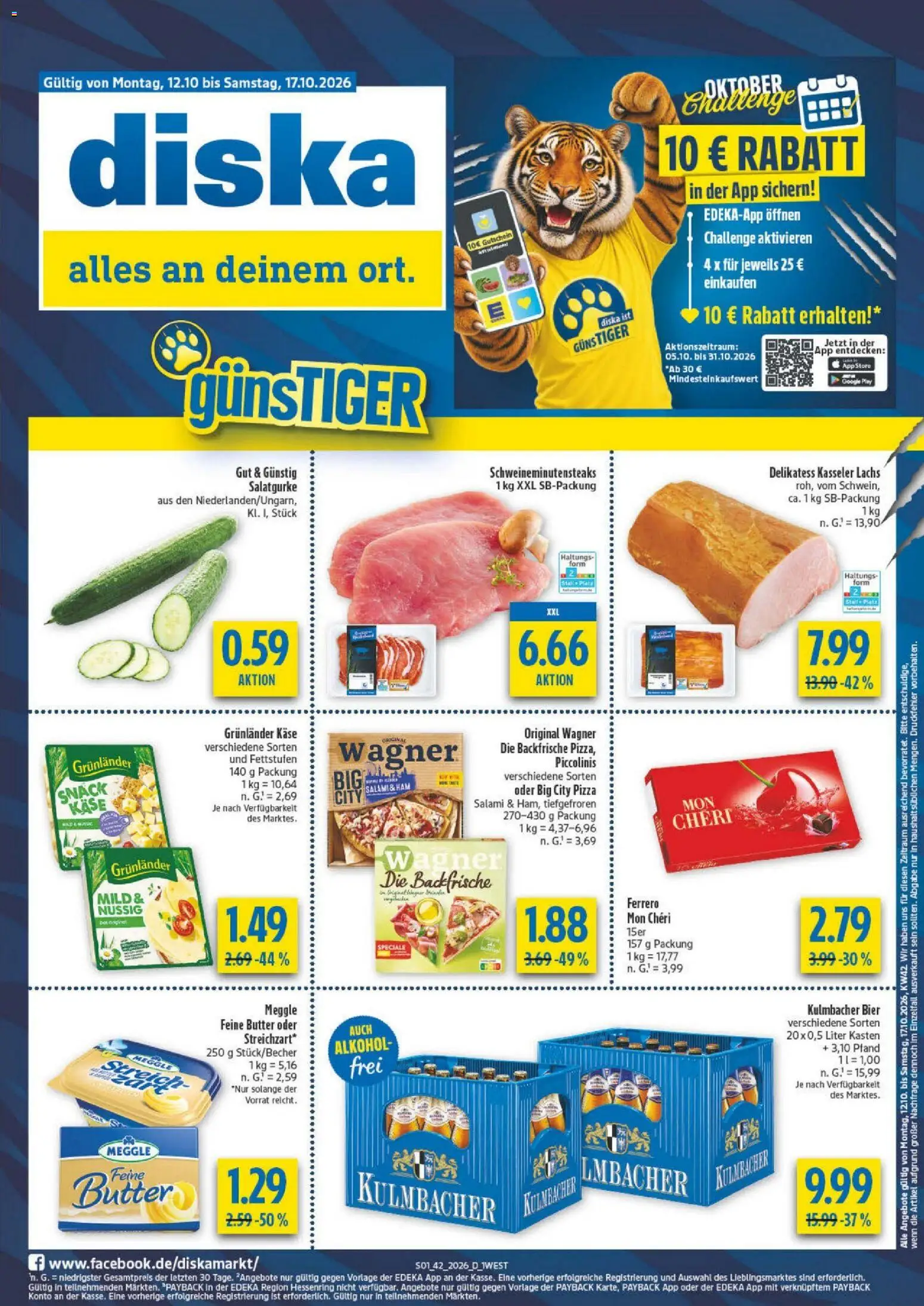 Vorschau von dem Prospekt des Geschäftes Diska, gültig ab dem 12.10.2026 - Pizza, Butter, Lachs, Alkohol, Piccolinis, Salami, Mon cheri, Grunlander
