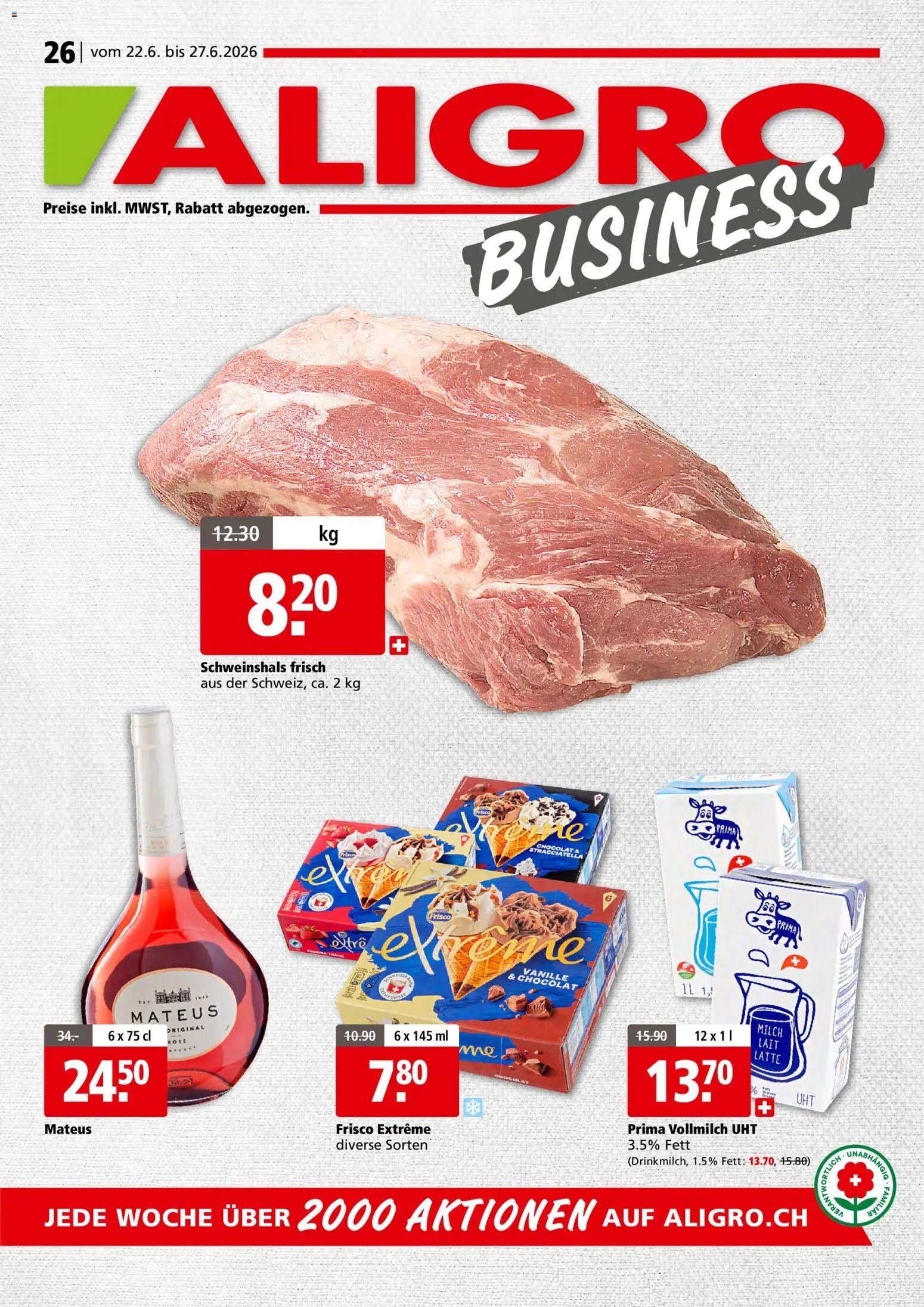 Vorschau des Merkblatts Aligro aktionen Business Schlieren, Gossau SG, Frauenfeld, Rapperswil-Jona, Sargans, Bern vom Shop Aligro gültig von 22.06.2026 bis 27.06.2026