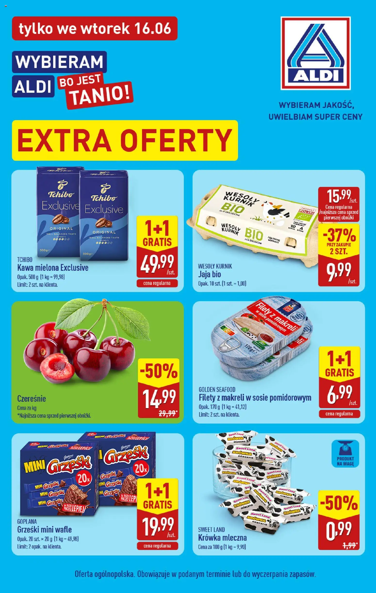 Pogląd gazetki "Aldi gazetka - Extra oferty" ze sklepu Aldi ważnej od 16.06.2026 - Tchibo, Kawa, Czereśnie, Jaja, Wafle, Kawa mielona, Krowka, Filety z makreli w sosie pomidorowym