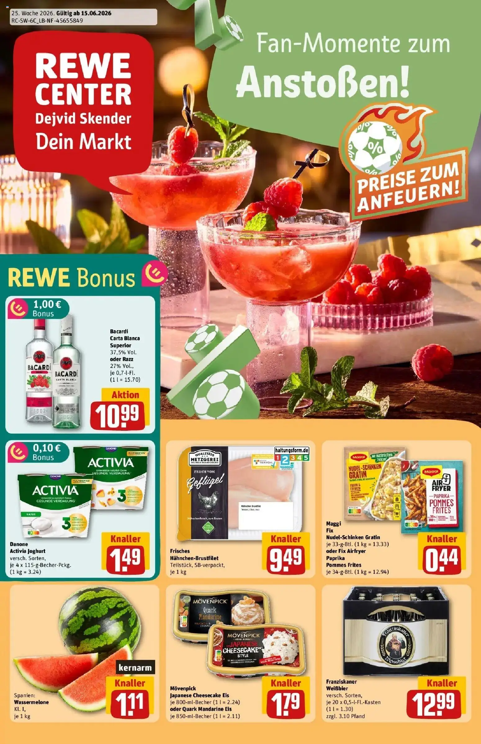 Vorschau von dem Prospekt des Geschäftes Rewe, gültig ab dem 14.06.2026 - Joghurt, Pommes, Quark, Paprika, Wassermelone, Rum, Activia, Danone activia