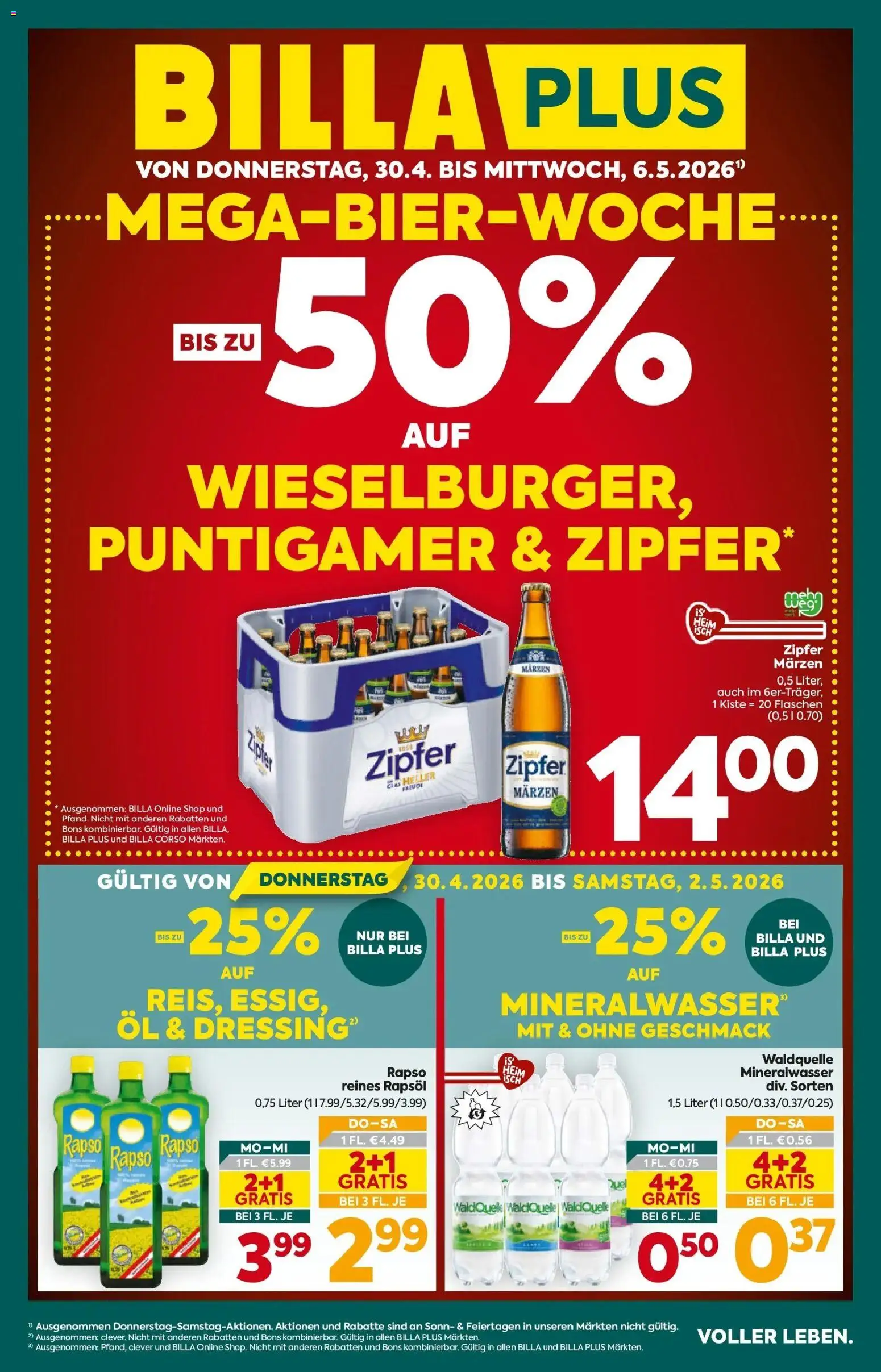 Vorschau der Angebote: Billa Plus Billa Plus Flugblatt - Oberösterreich gültig ab 30.04.2026 - Eis, Öl, Mineralwasser, Rapsöl, Dressing