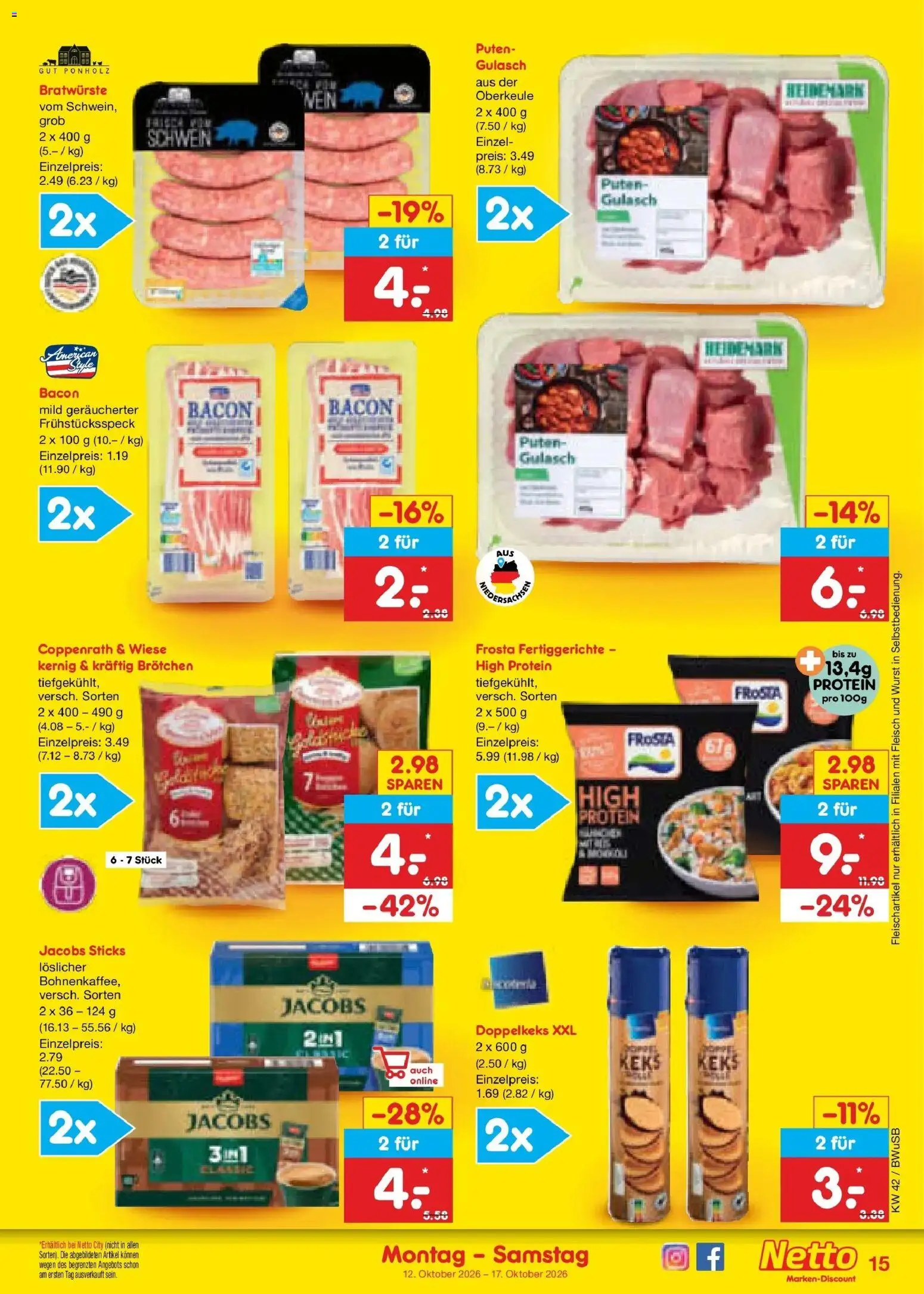 Vorschau von dem Prospekt des Geschäftes Netto Marken-Discount, gültig ab dem 12.10.2026 - Wurst, Gulasch, Wein, Fleisch, Frosta, Fertiggerichte