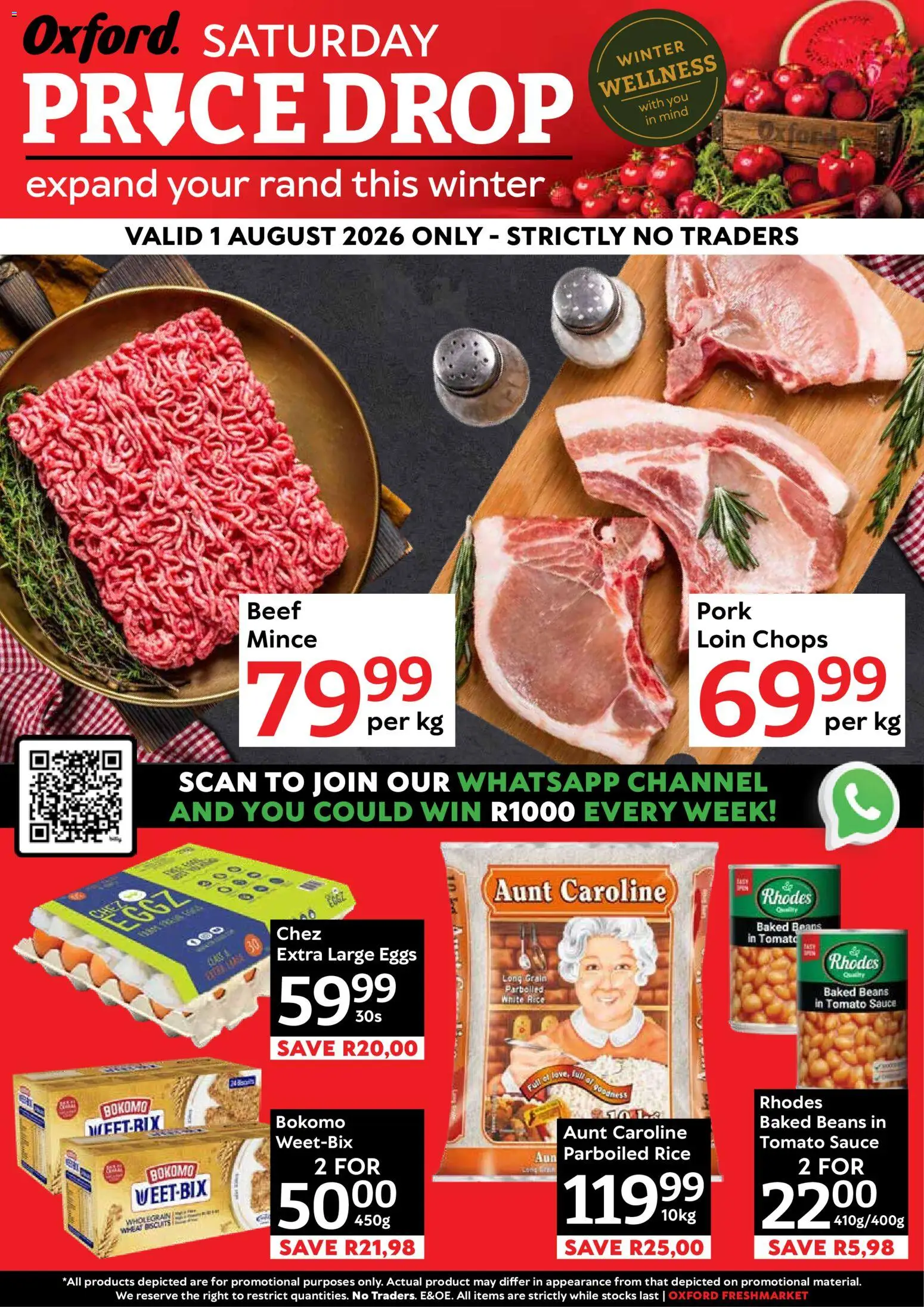 Preview of Oxford Freshmarket flyer valid from 01/08/2026 - Eggs, Biscuits, Rice, Pork, Beef, Tomato sauce, Baked beans, Sauce