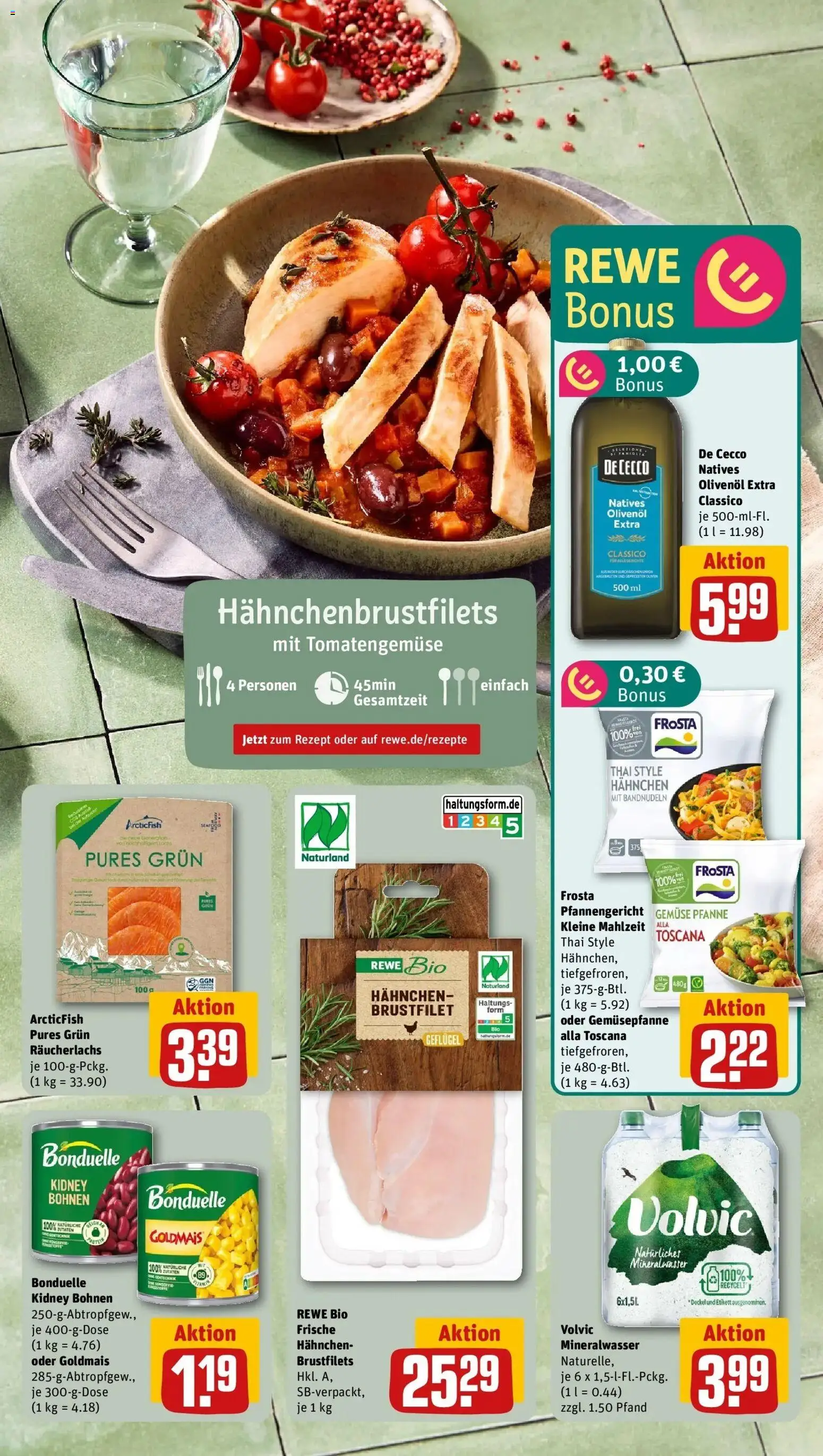 Vorschau von dem Prospekt des Geschäftes Rewe, gültig ab dem 05.04.2026 - Gemüse, Mineralwasser, Frosta, Volvic, Räucherlachs, Hahnchen, Olivenol