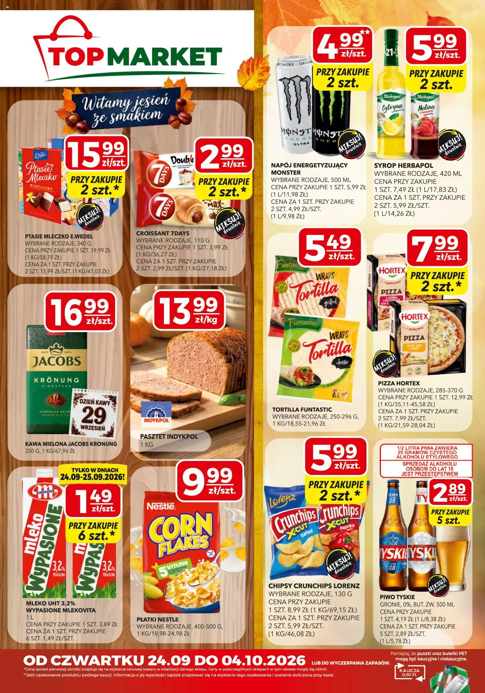 Pogląd gazetki "Top Market gazetka mini" ze sklepu Top Market ważnej od 24.09.2026 - Mleko, Jacobs, Ptasie mleczko, Malina, Cytryna, Szynka, Tyskie, Syrop