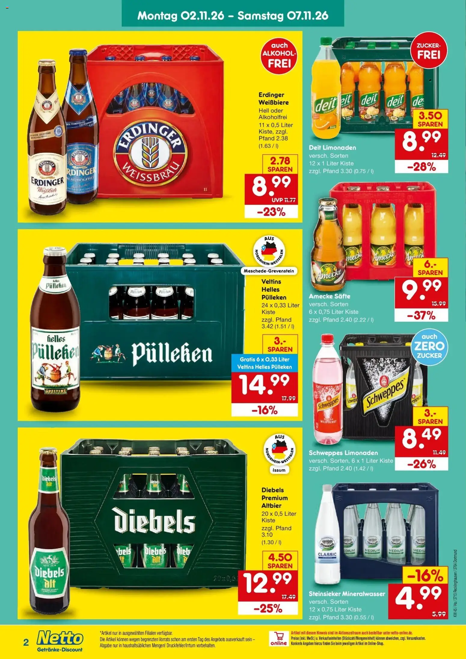 Vorschau von dem Prospekt des Geschäftes Netto Marken-Discount, gültig ab dem 02.11.2026 - Mineralwasser, Alkohol, Zucker, Schweppes, Veltins, Erdinger, Diebels, Helles pulleken