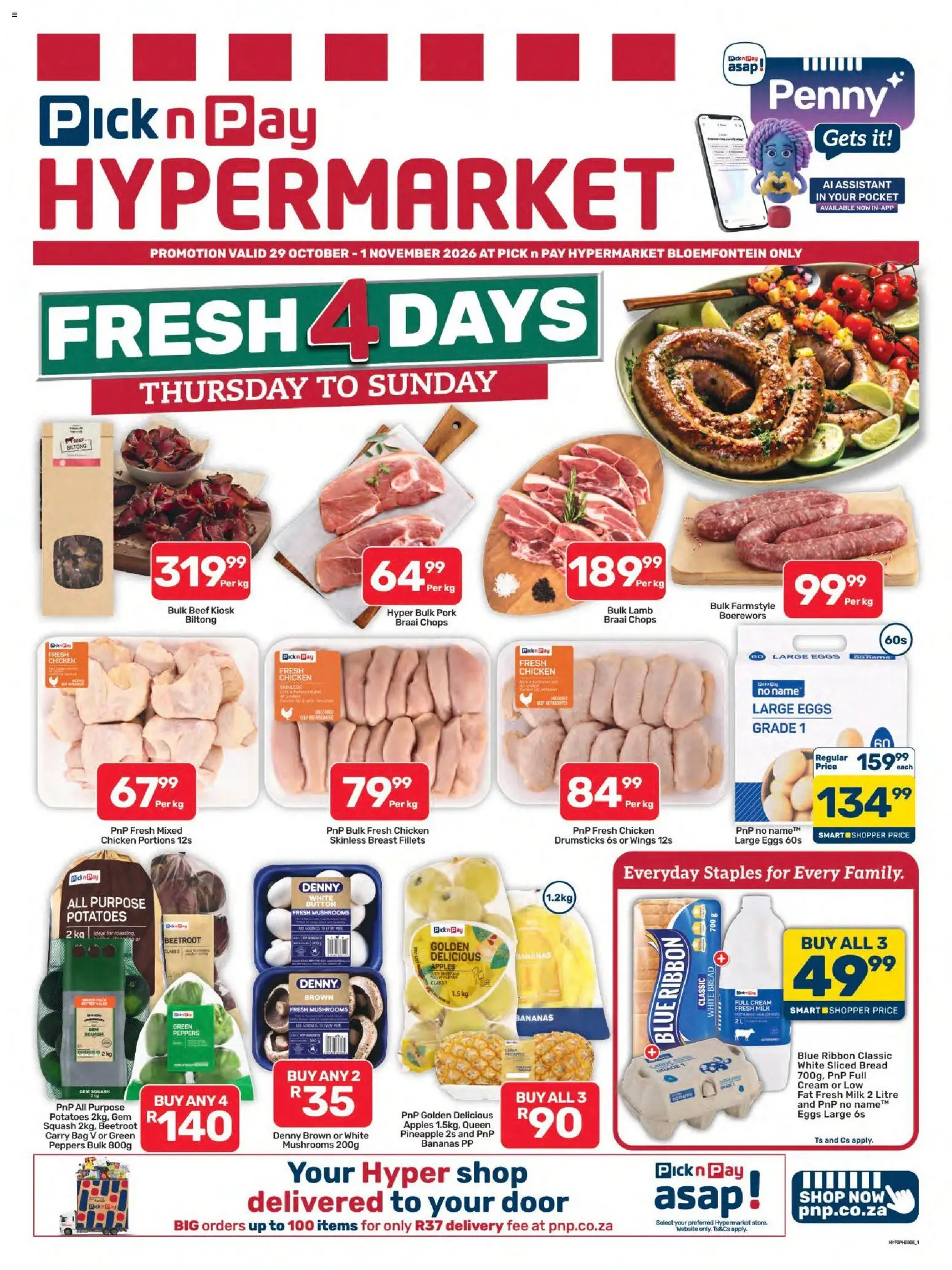 Preview of Pick n Pay flyer valid from 29/10/2026 - Bag, Bread, Pineapple, Potatoes, Mushrooms, Cream, Pork, Beef