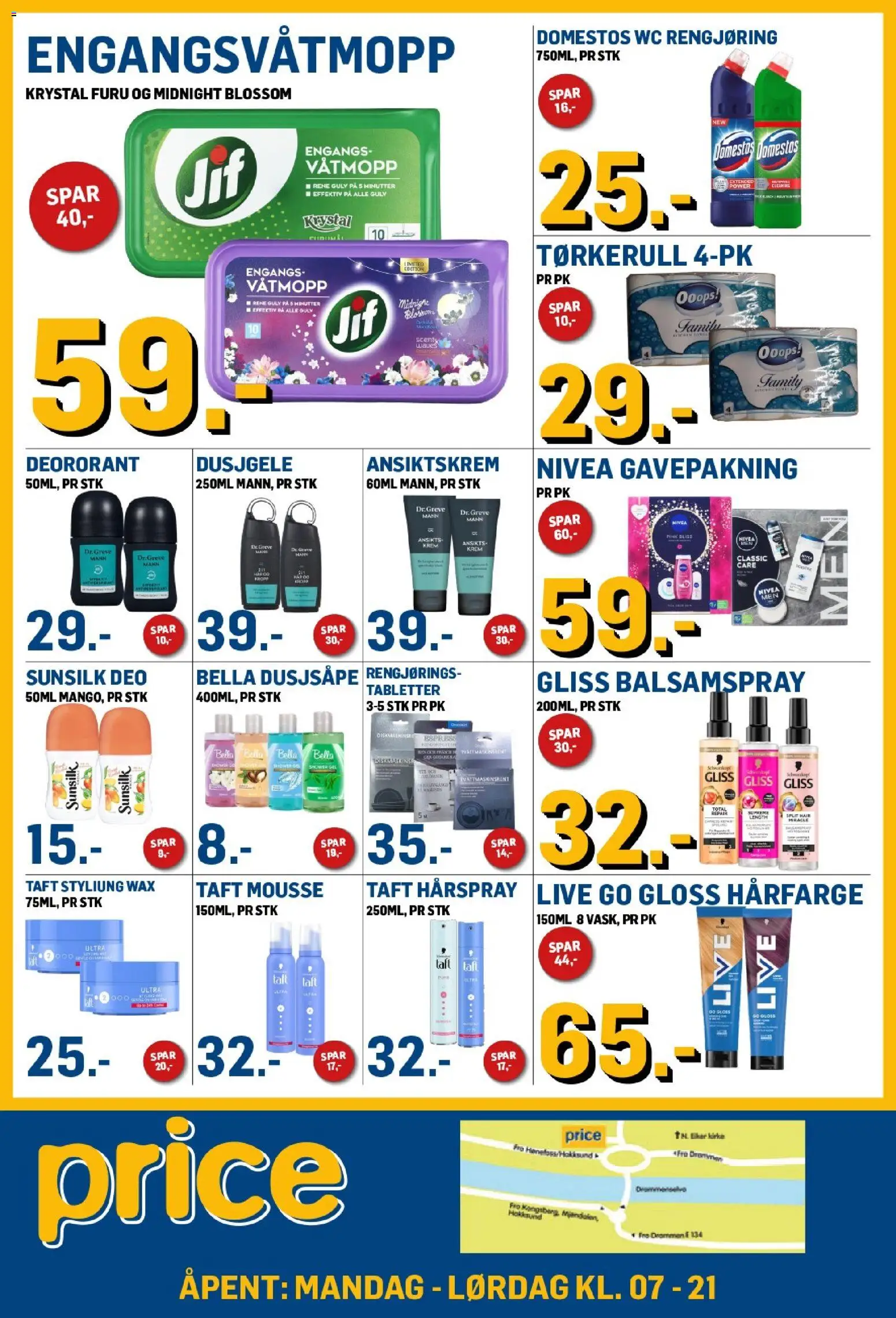 Forhåndsvis Price Lagerbutikk kundeavis fra butikk Price Lagerbutikk gyldig fra 14/10/2026 - Dusjgelé, Ansiktskrem, Shower Gel, Krem, Balsamspray, Engangsvåtmopp, Tørkerull, Hårfarge