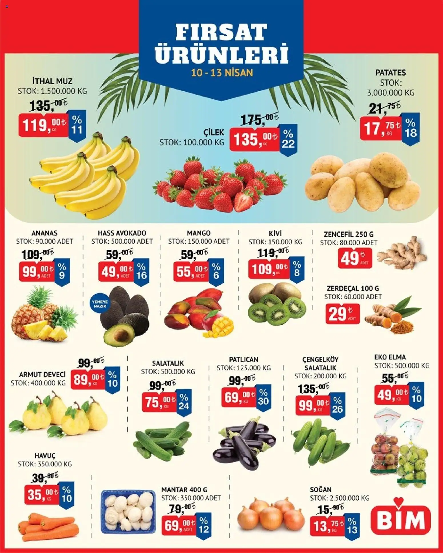 BİM BİM - Meyve-Sebze, İndirim 10.04.2026 - Broşürünün önizlemesi - Mango, Armut, Zencefil, Mantar, Muz, Kivi, Soğan, Havuç