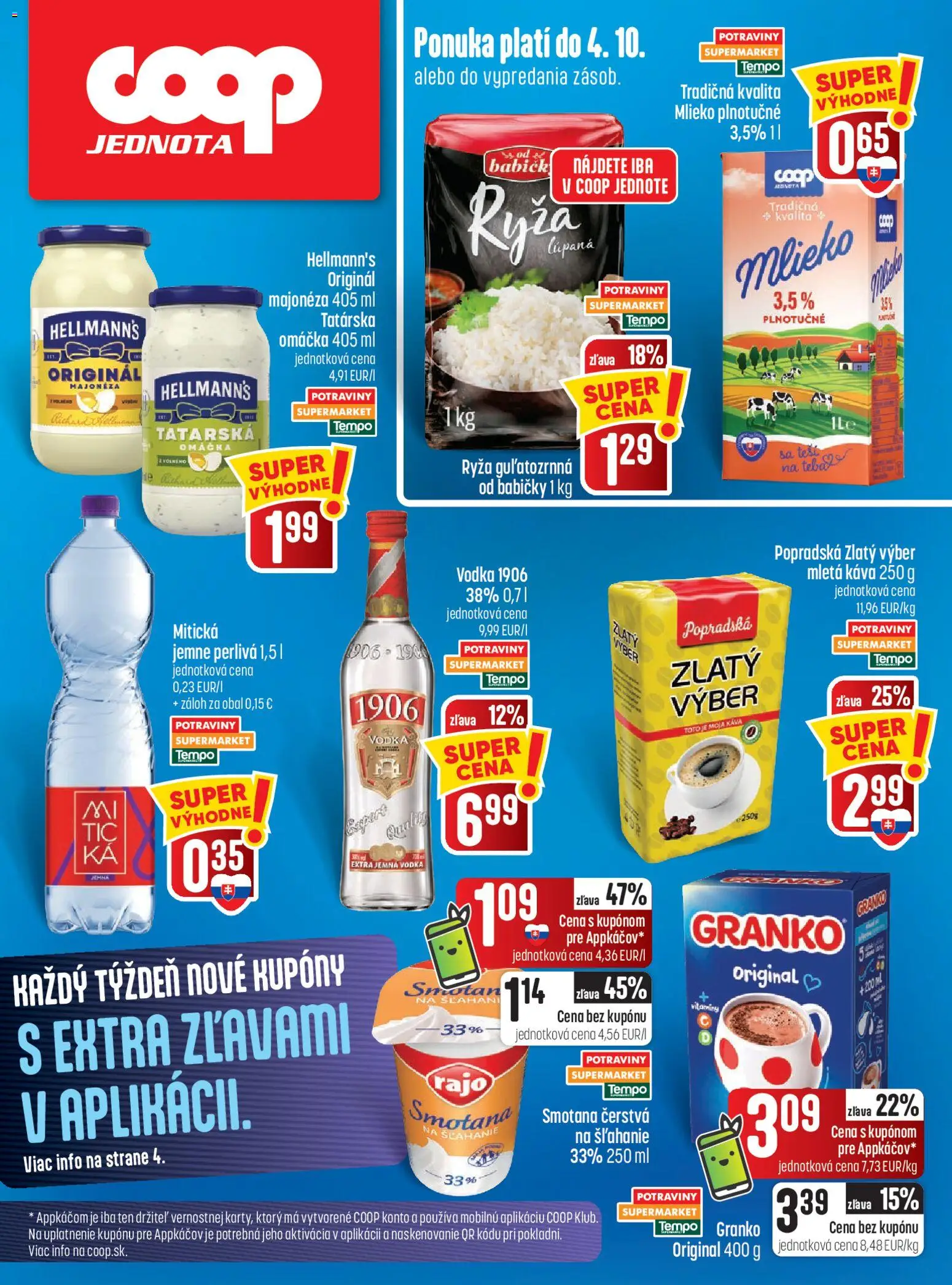 Náhľad COOP Jednota letáku platného od 01.10.2026 - Vodka, Mlieko, Omáčka, Smotana, Majonéza, Mletá káva, Mitická, Mlieko plnotučné