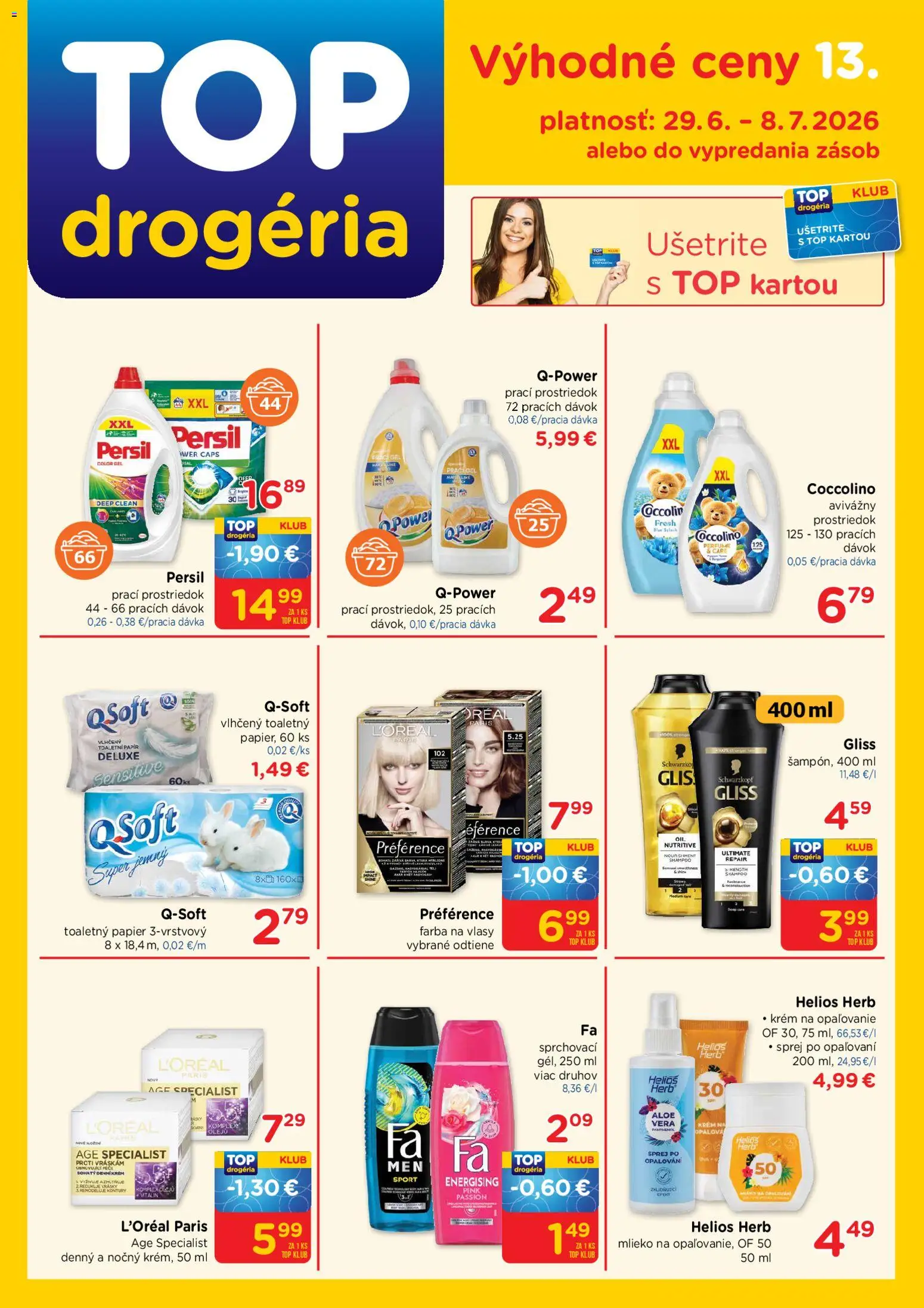 Náhľad TOP Drogéria letáku platného od 29.06.2026 - Farba na vlasy, Mlieko, Toaletný papier, Persil, Coccolino, Krém, Toaletný papier 3vrstvový