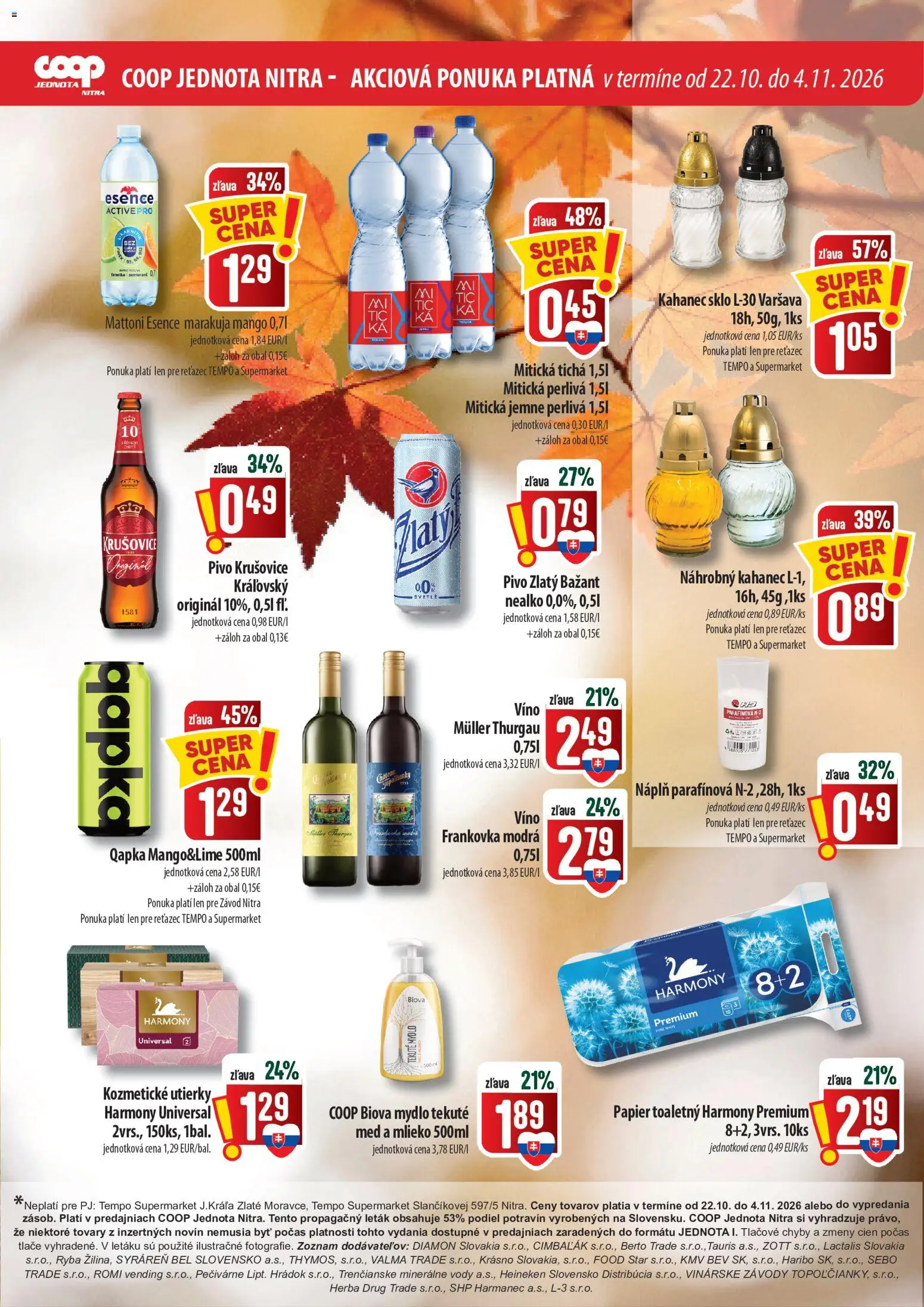 Náhľad COOP Jednota letáku platného od 22.10.2026 - Med, Pivo, Víno, Ryba, Mlieko, Krušovice, Utierky, Mitická