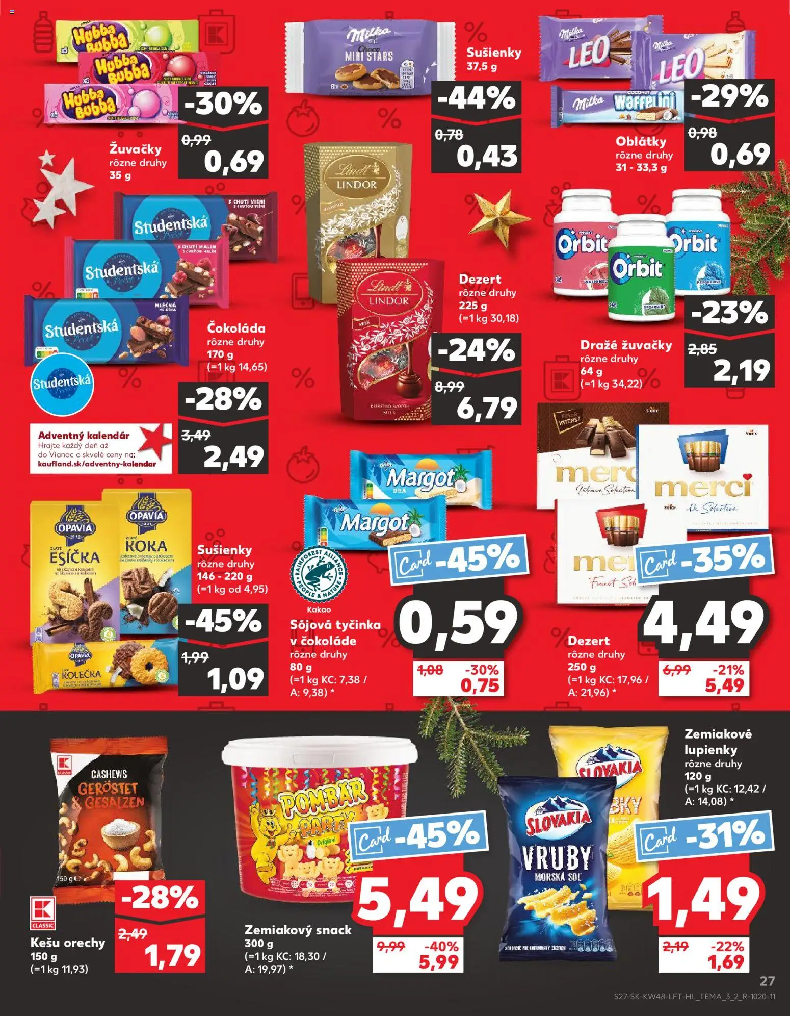 Náhľad Kaufland letáku platného od 27.11.2025 - Adventný kalendár, Lindt, Milka, Soľ, Merci, Kešu orechy, Sušienky, Oblátky