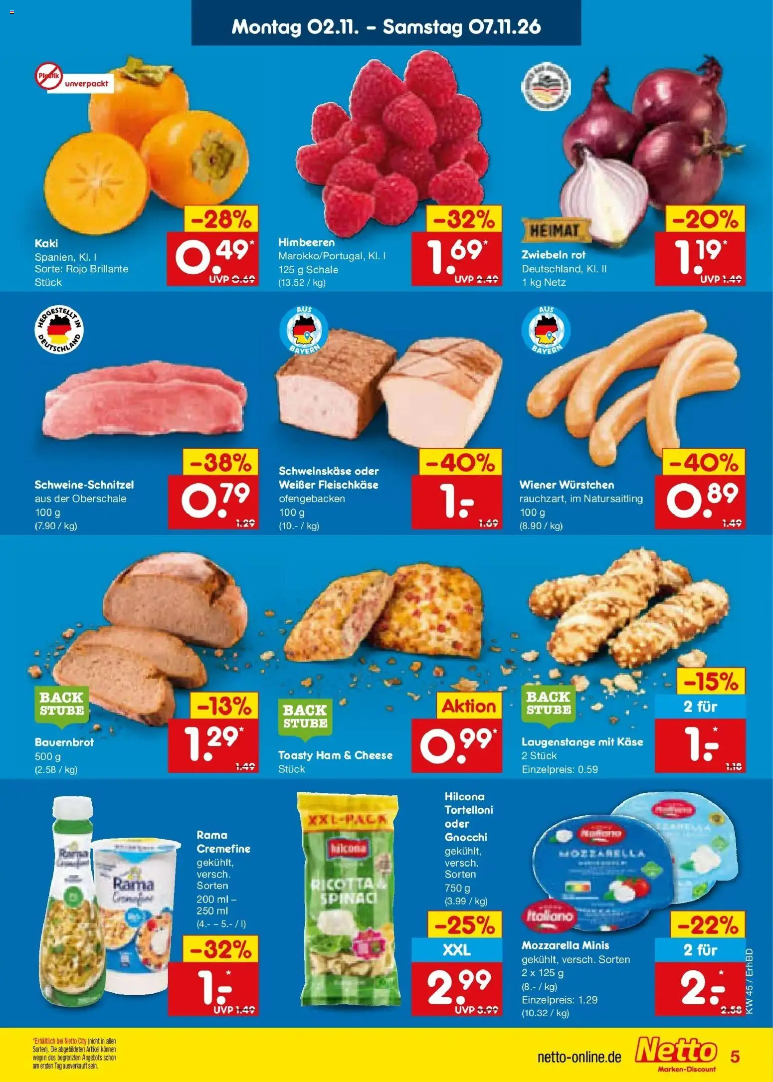 Vorschau von dem Prospekt des Geschäftes Netto Marken-Discount, gültig ab dem 02.11.2026 - Käse, Gnocchi, Himbeeren, Mozzarella, Rama, Rama cremefine, Zwiebeln, Wiener wurstchen