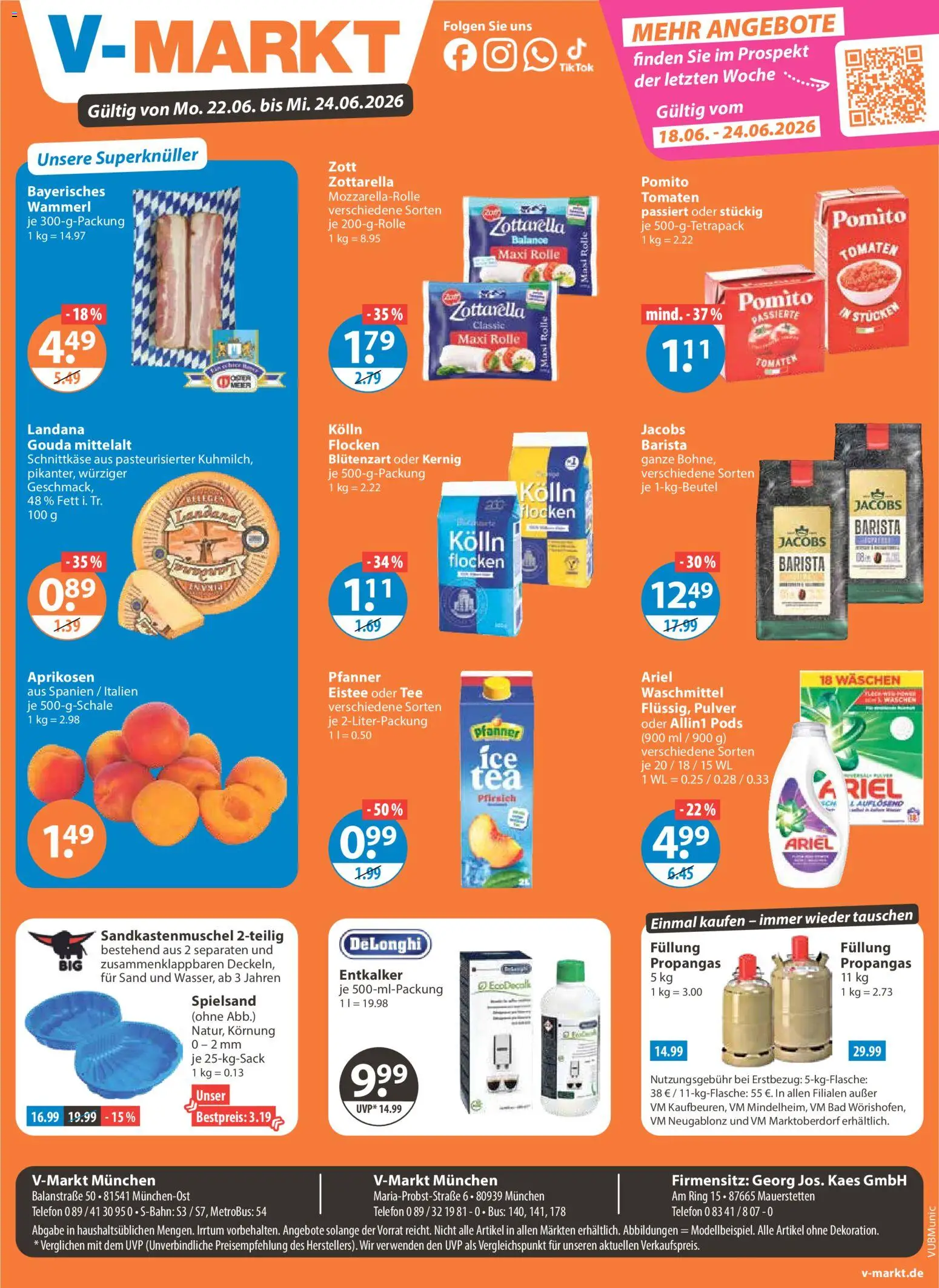 Vorschau von dem Prospekt des Geschäftes V-Markt, gültig ab dem 22.06.2026 - Telefon, Bad, Pfirsich, Ariel, Waschmittel, Gouda, Flocken, Kolln