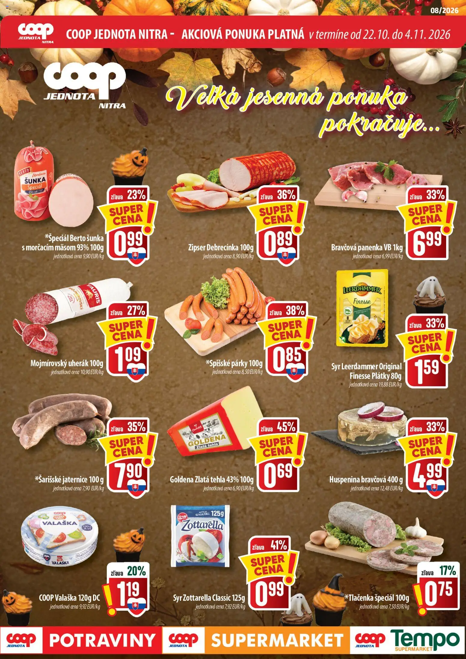 Náhľad COOP Jednota letáku platného od 22.10.2026 - Syr, Bravčová panenka, Šunka, Párky