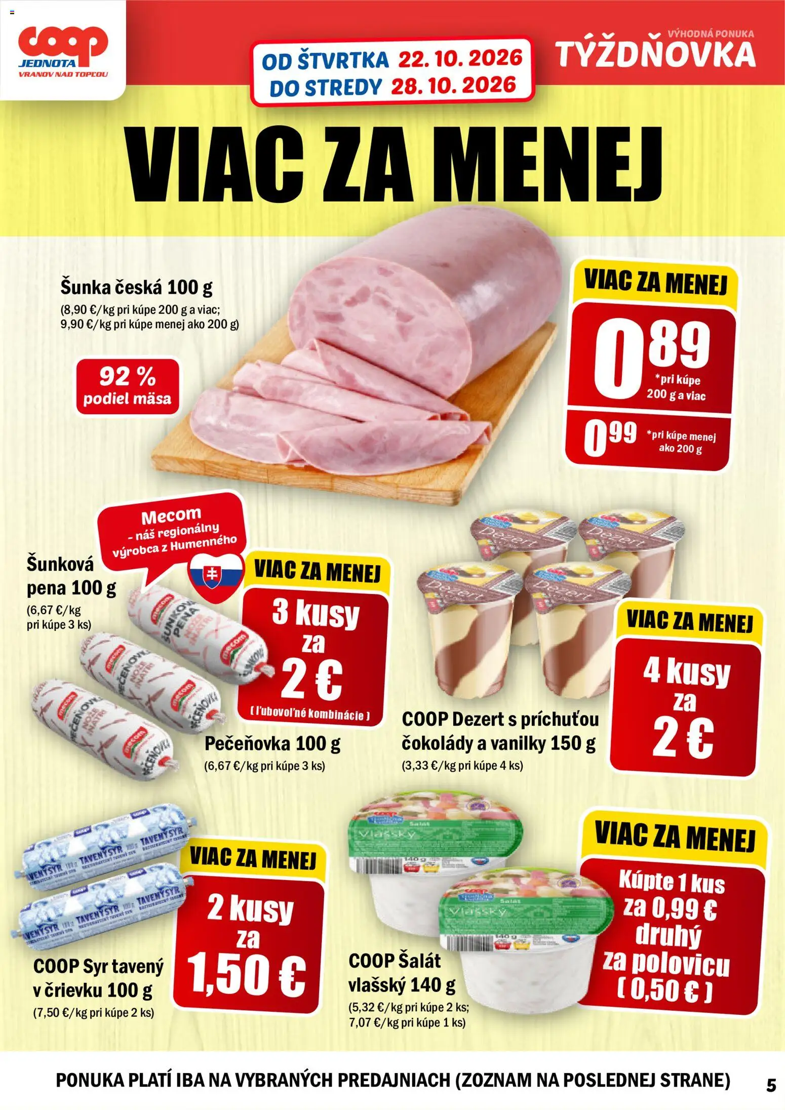 Náhľad COOP Jednota letáku platného od 22.10.2026 - Syr, Šalát, Dezert, Šunka, Pena, Tavený syr