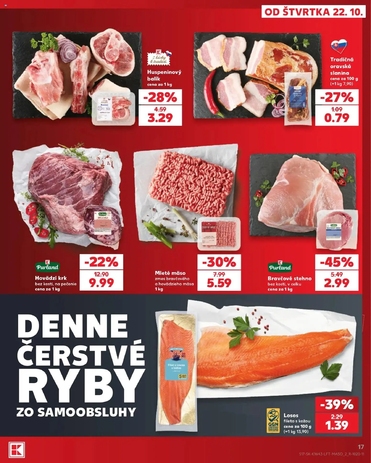 Náhľad Kaufland letáku platného od 22.10.2026 - Mäso, Ryby, Losos, Slanina, Bravčové stehno, Mleté mäso, Hovädzí krk