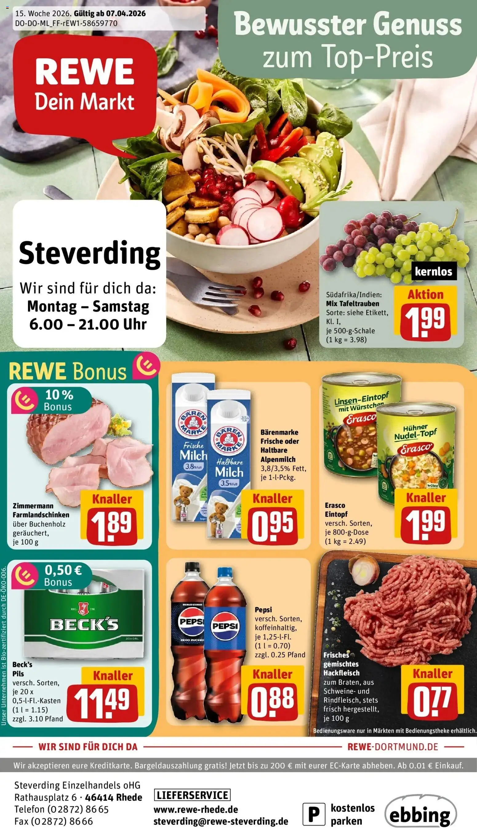 Vorschau von dem Prospekt des Geschäftes Rewe, gültig ab dem 05.04.2026 - Uhr, Telefon, Milch, Hackfleisch, Zucker, Pepsi, Pils, Erasco