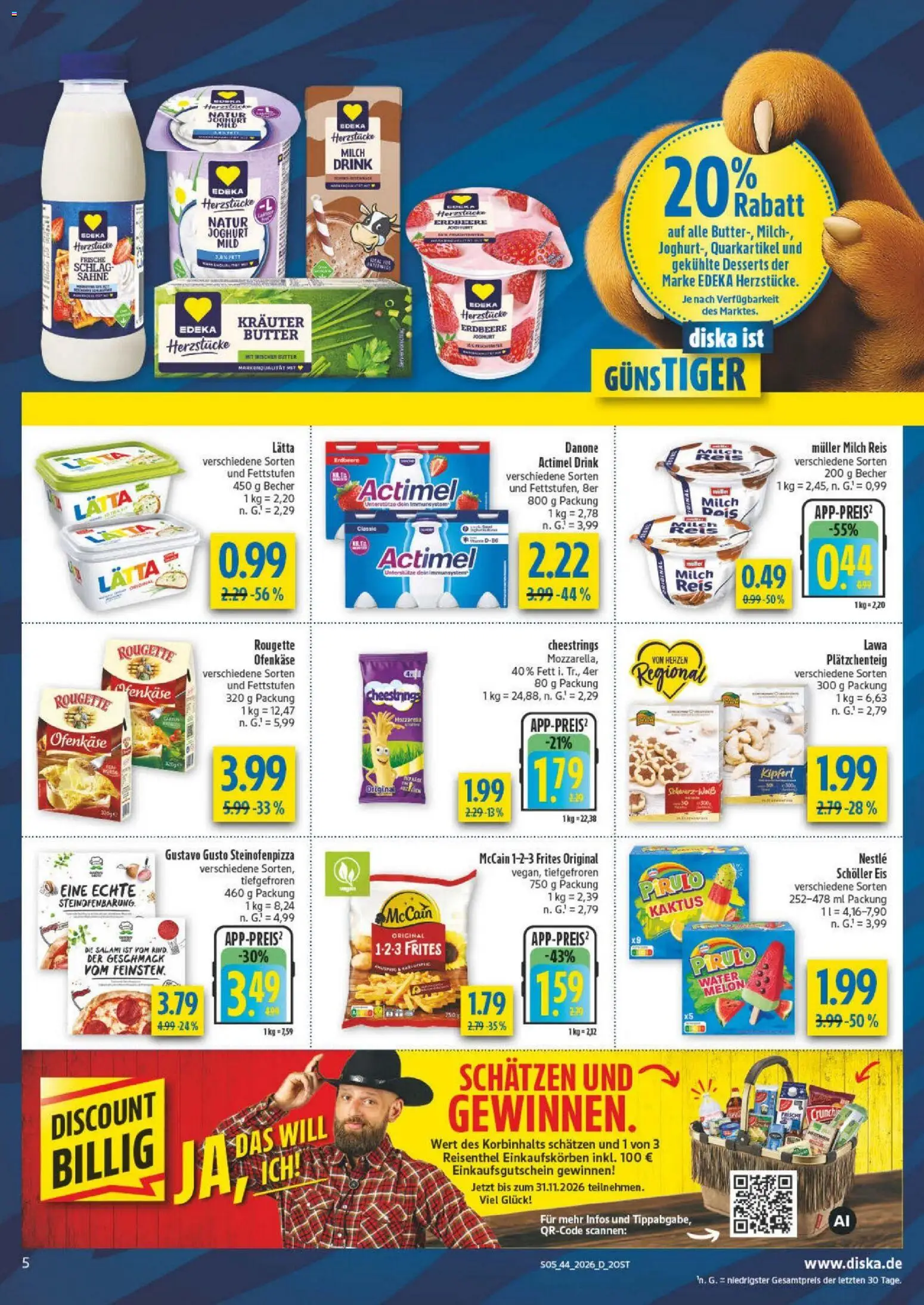 Vorschau von dem Prospekt des Geschäftes Diska, gültig ab dem 26.10.2026 - Joghurt, Milch, Reis, Salami, Gustavo gusto, Actimel, McCain, McCain 123 Frites