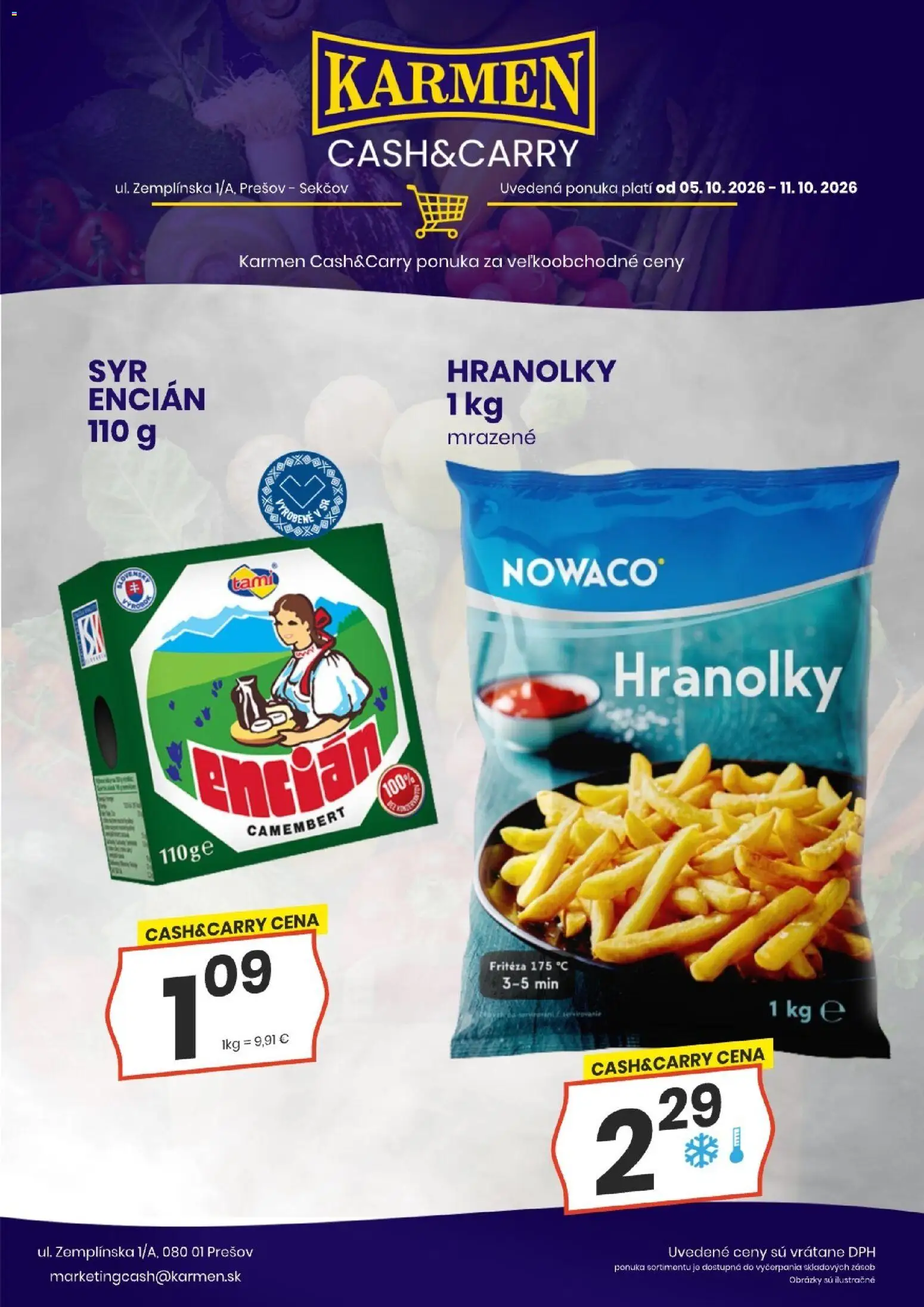 Náhľad KARMEN CBA letáku platného od 05.10.2026 - Hranolky, Camembert, Fritéza, Encián