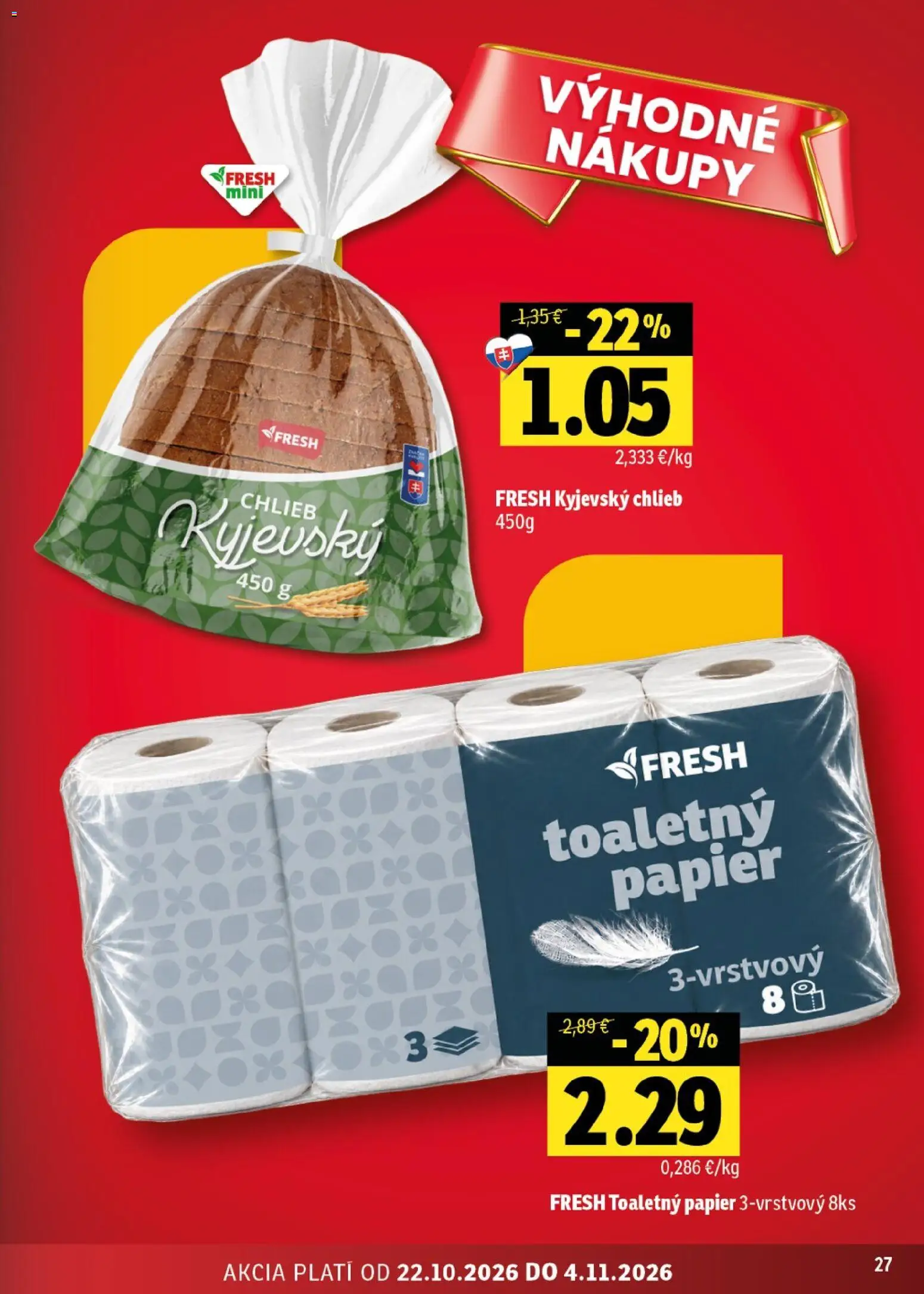 Náhľad Fresh letáku platného od 22.10.2026 - Chlieb, Toaletný papier, Toaletný papier 3vrstvový