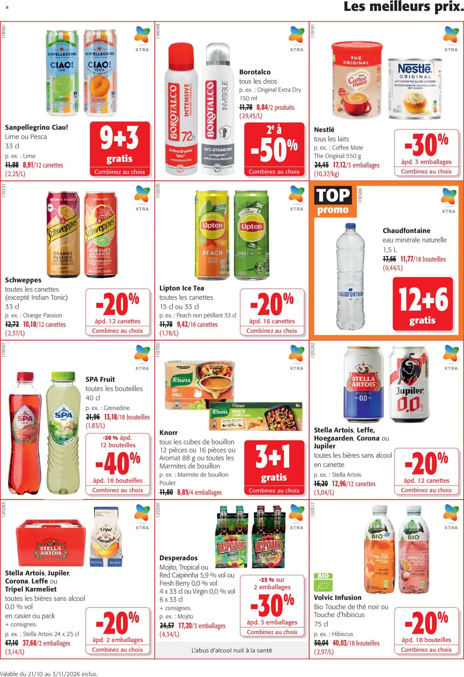 Prévisualisation de Colruyt Toutes les offres du magasin Colruyt formulaire valide 21/10/2026 - Poulet, Volvic, Ice tea, Lait concentré, Leffe, Tonic, Lait concentré sucré, Eau minérale naturelle