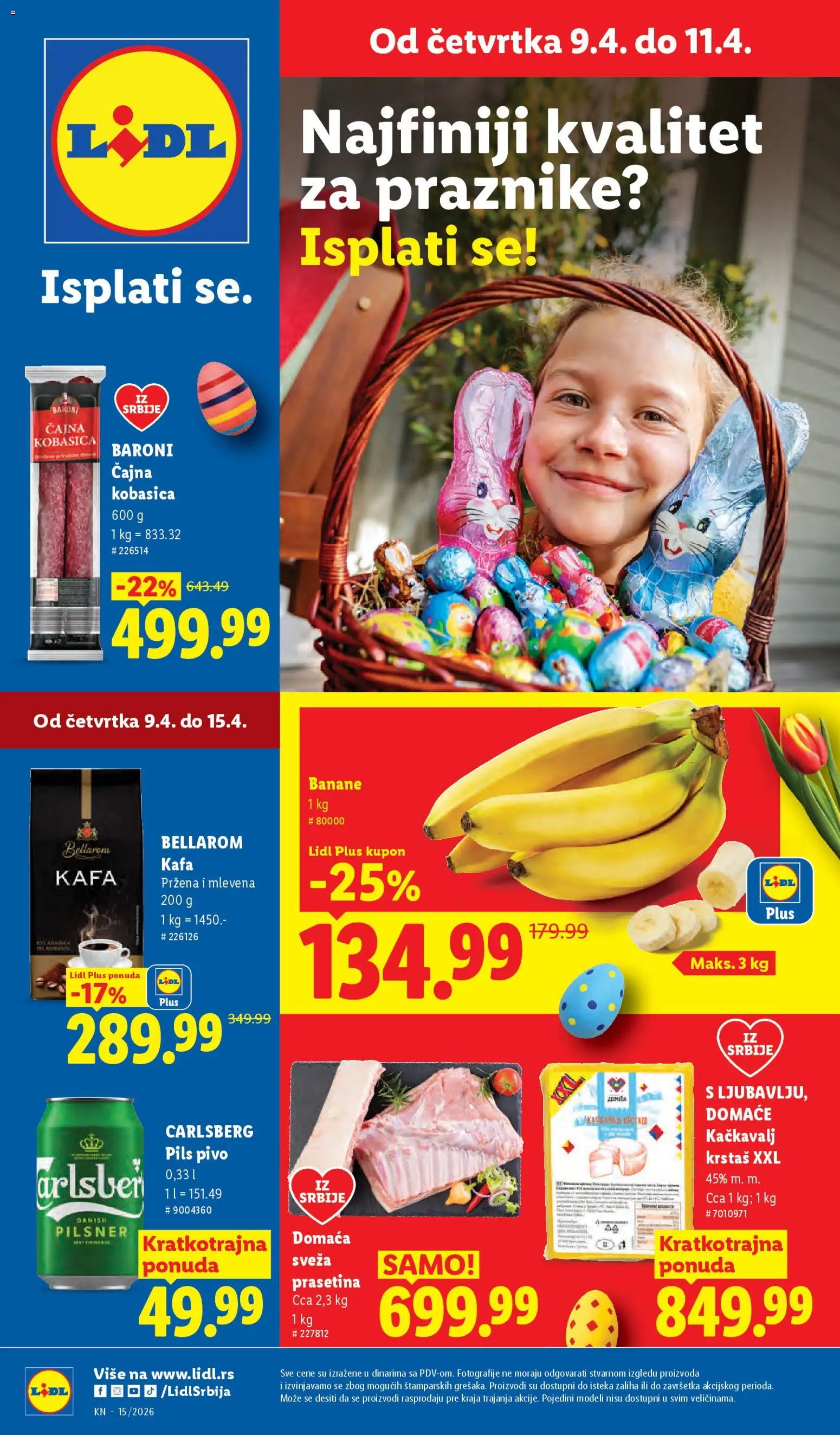 Pregled Lidl kataloga - važi od 09.04.2026 - Kafa, Banana, Pivo, Kačkavalj, Carlsberg, Banane, Kobasica