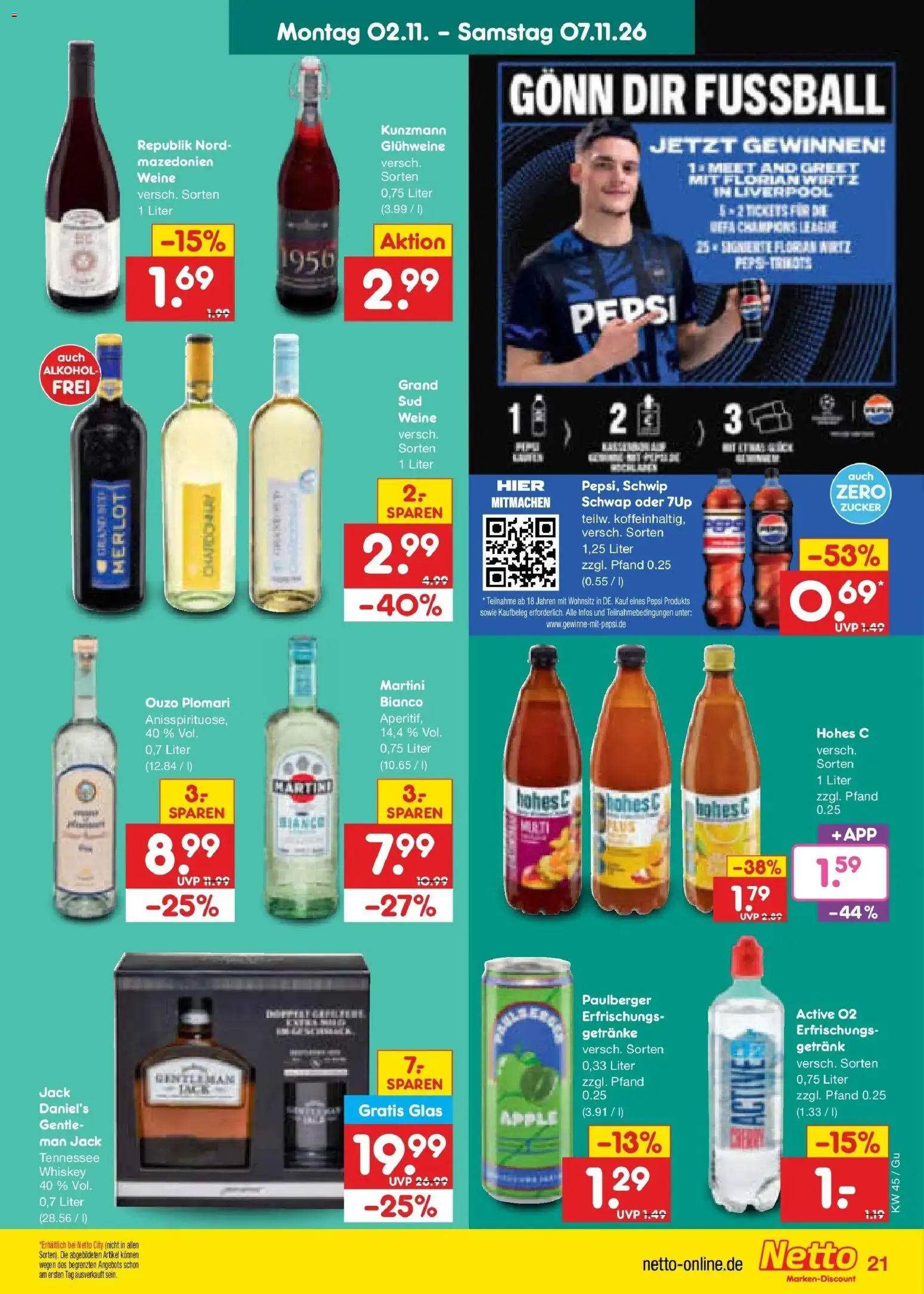 Vorschau von dem Prospekt des Geschäftes Netto Marken-Discount, gültig ab dem 02.11.2026 - Apple, Fußball, Alkohol, Martini, Zucker, Pepsi, Merlot, Ouzo plomari