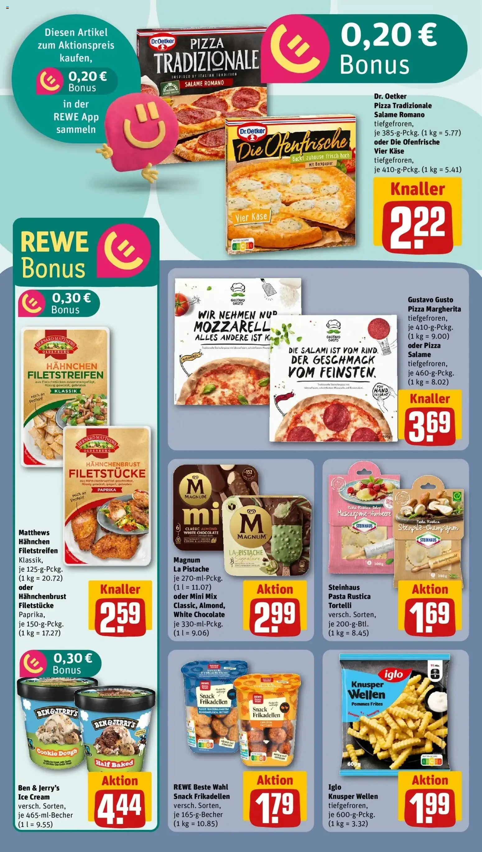 Vorschau von dem Prospekt des Geschäftes Rewe, gültig ab dem 05.04.2026 - Pasta, Pommes, Salami, Gustavo gusto, Ben & Jerry's, Iglo, Hahnchen, Hahnchenbrust