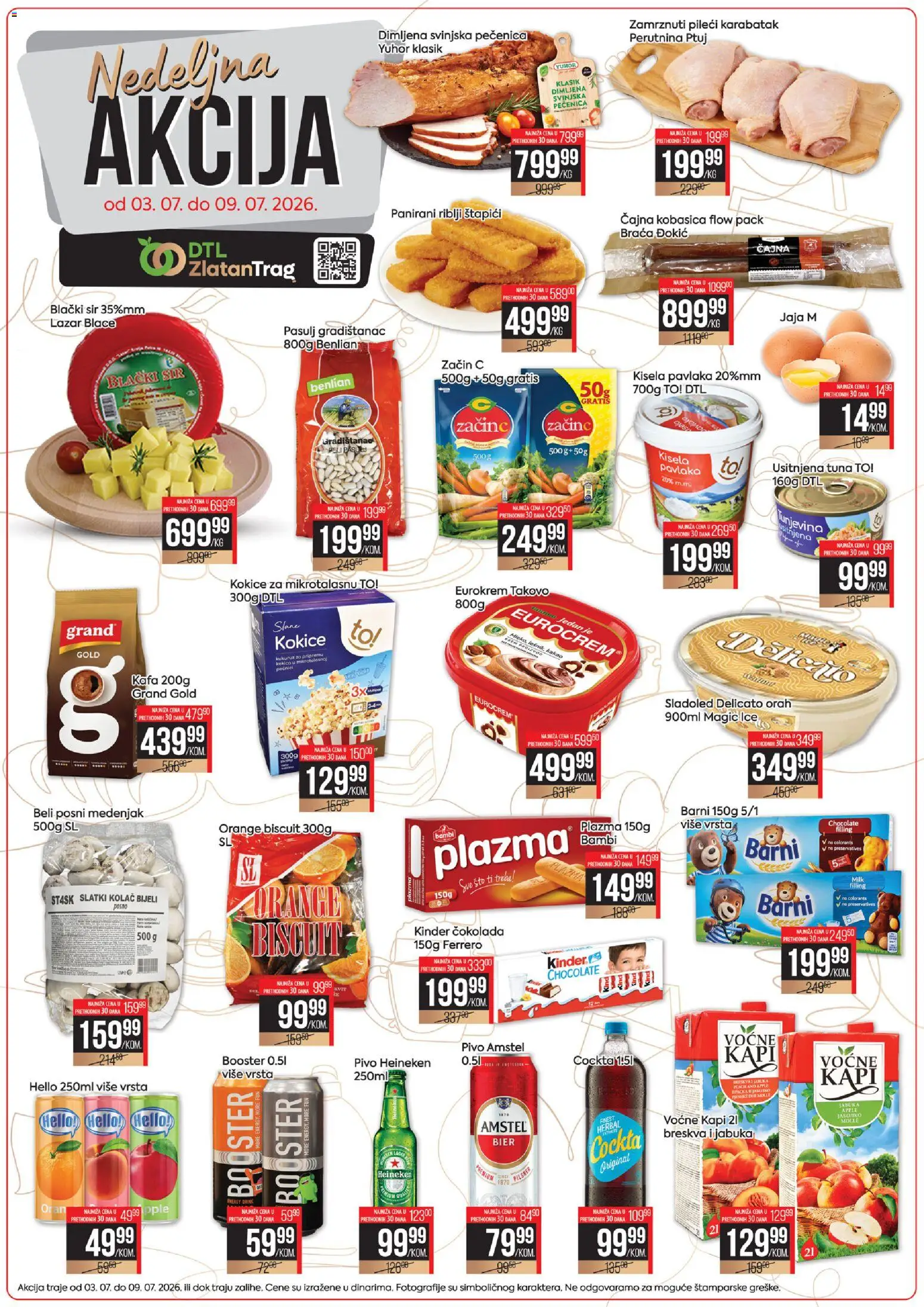 Pregled Zlatan Trag kataloga - važi od 03.07.2026 - Heineken, Pivo, Kukuruz, Tuna, Ferrero, Breskva, Kisela pavlaka, Amstel