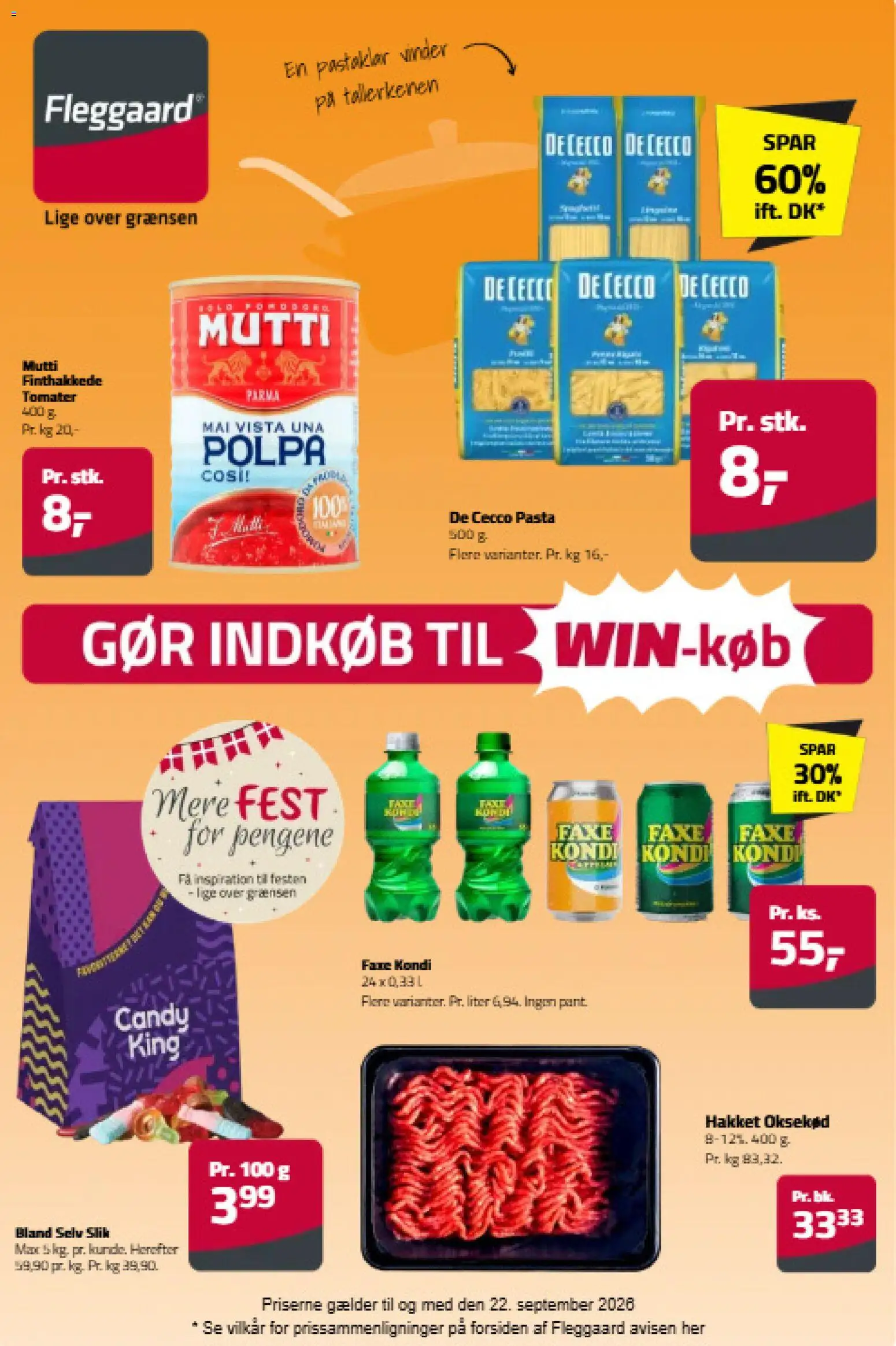 Eksempel på tilbudsavis Fleggaard - Altid Lav Pris fra butik Fleggaard gyldig fra 02/09/2026 - Pasta, Slik, Faxe Kondi, Oksekød, Tomater