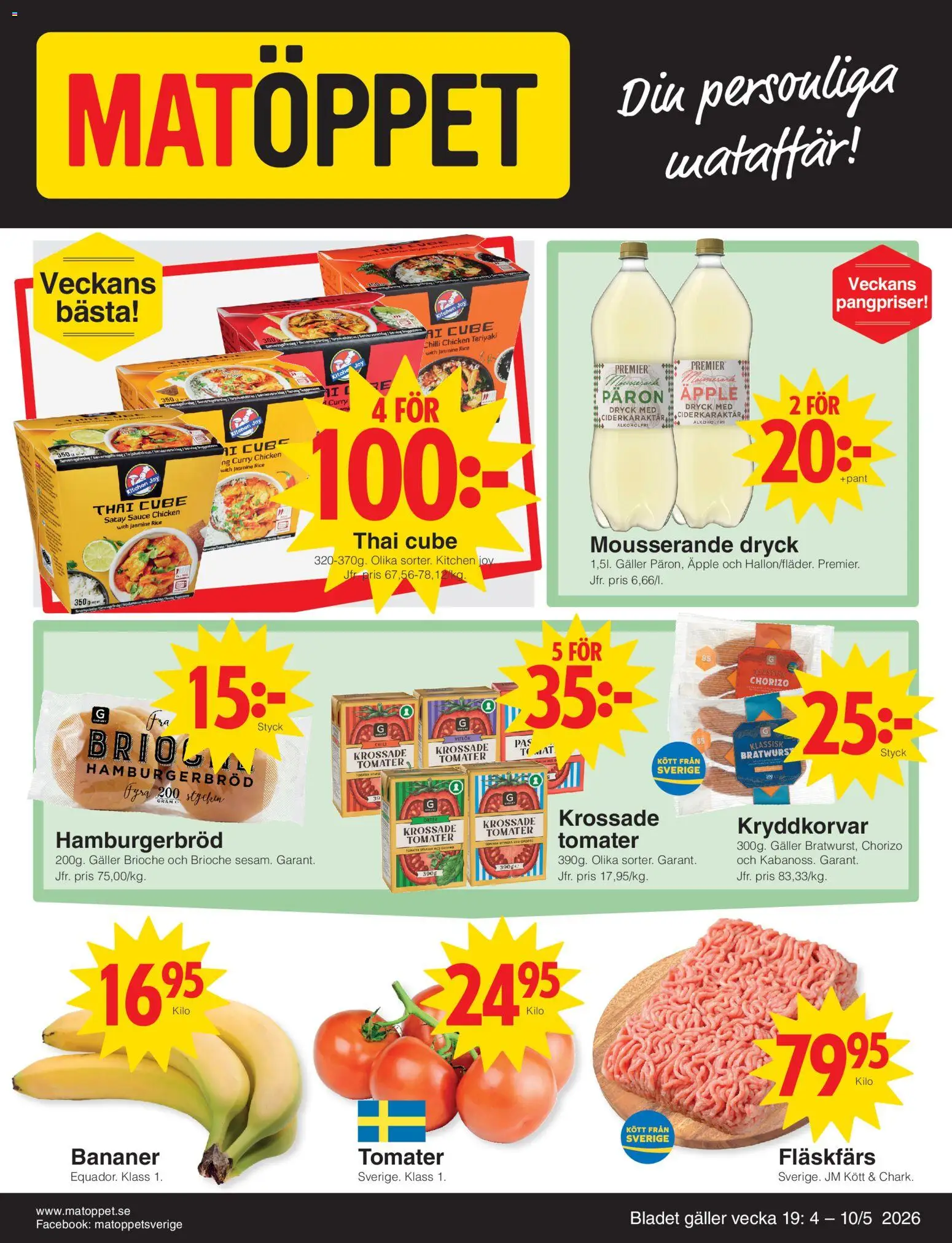 Förhandsgranska reklamblad Matöppet erbjudanden från butik Matöppet gäller från 01/05/2026 - Kött, Äpple, Tomat, Brioche, Päron, Vitlök, Tomater, Fläskfärs