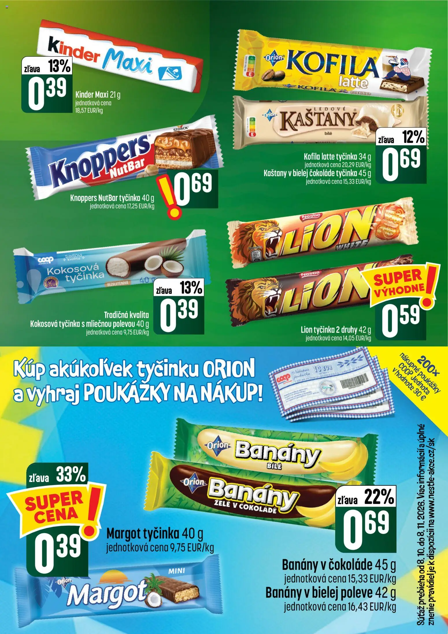 Náhľad COOP Jednota letáku platného od 08.10.2026 - Kinder, Banány v čokoláde, Banány