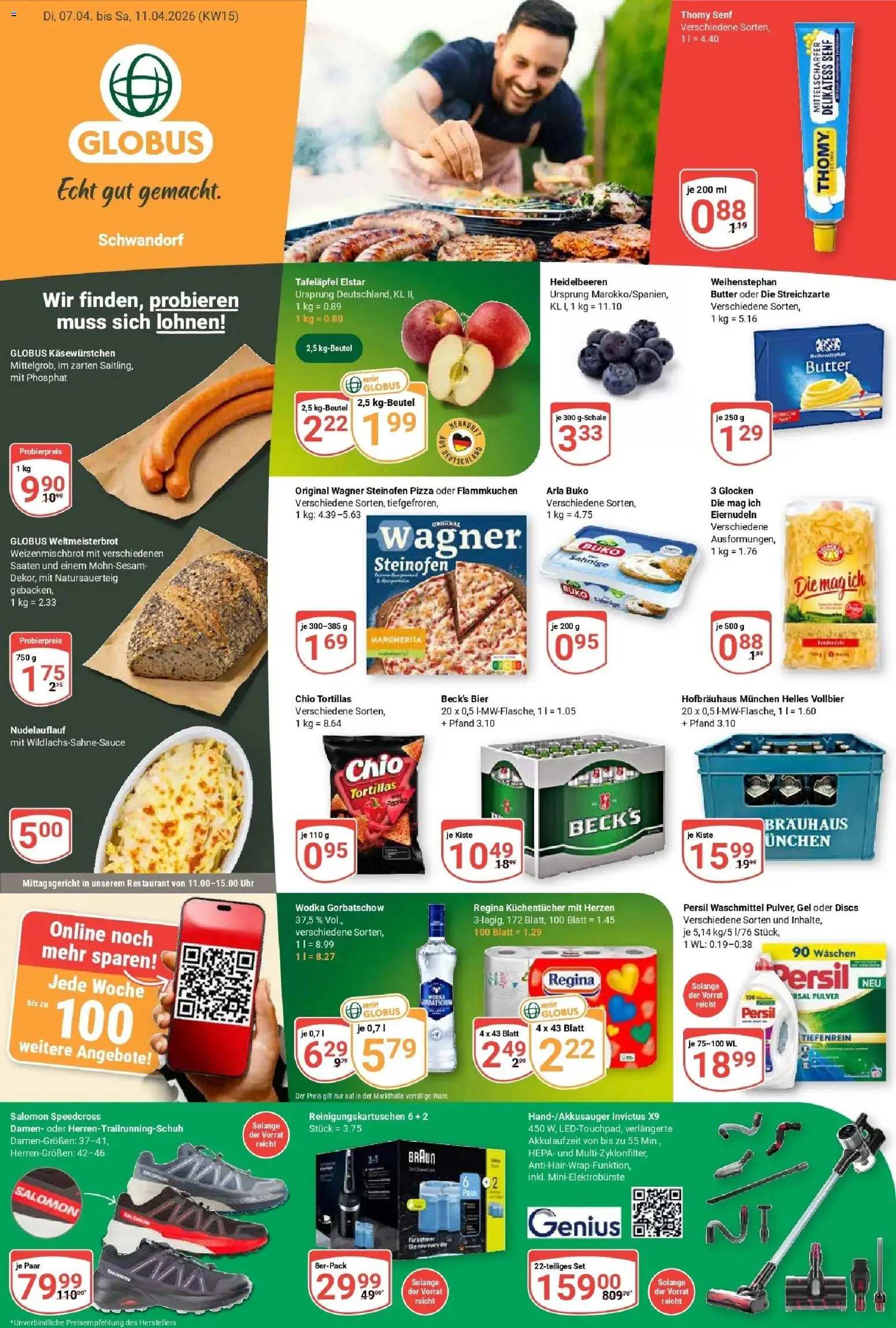 Vorschau von dem Prospekt des Geschäftes Globus, gültig ab dem 07.04.2026 - Pizza, Butter, Bier, Tortillas, Waschmittel, Wodka gorbatschow, Persil, Arla buko
