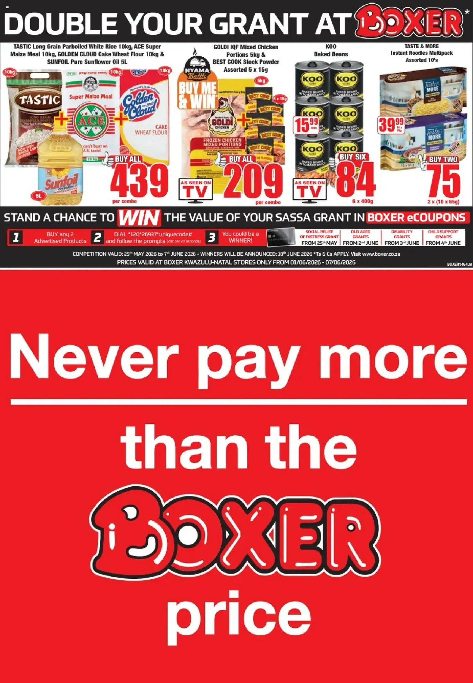 Preview of Boxer flyer valid from 01/06/2026 - Cake, Noodles, Rice, Flour, Beans, Baked beans, Sauce, Frozen chicken